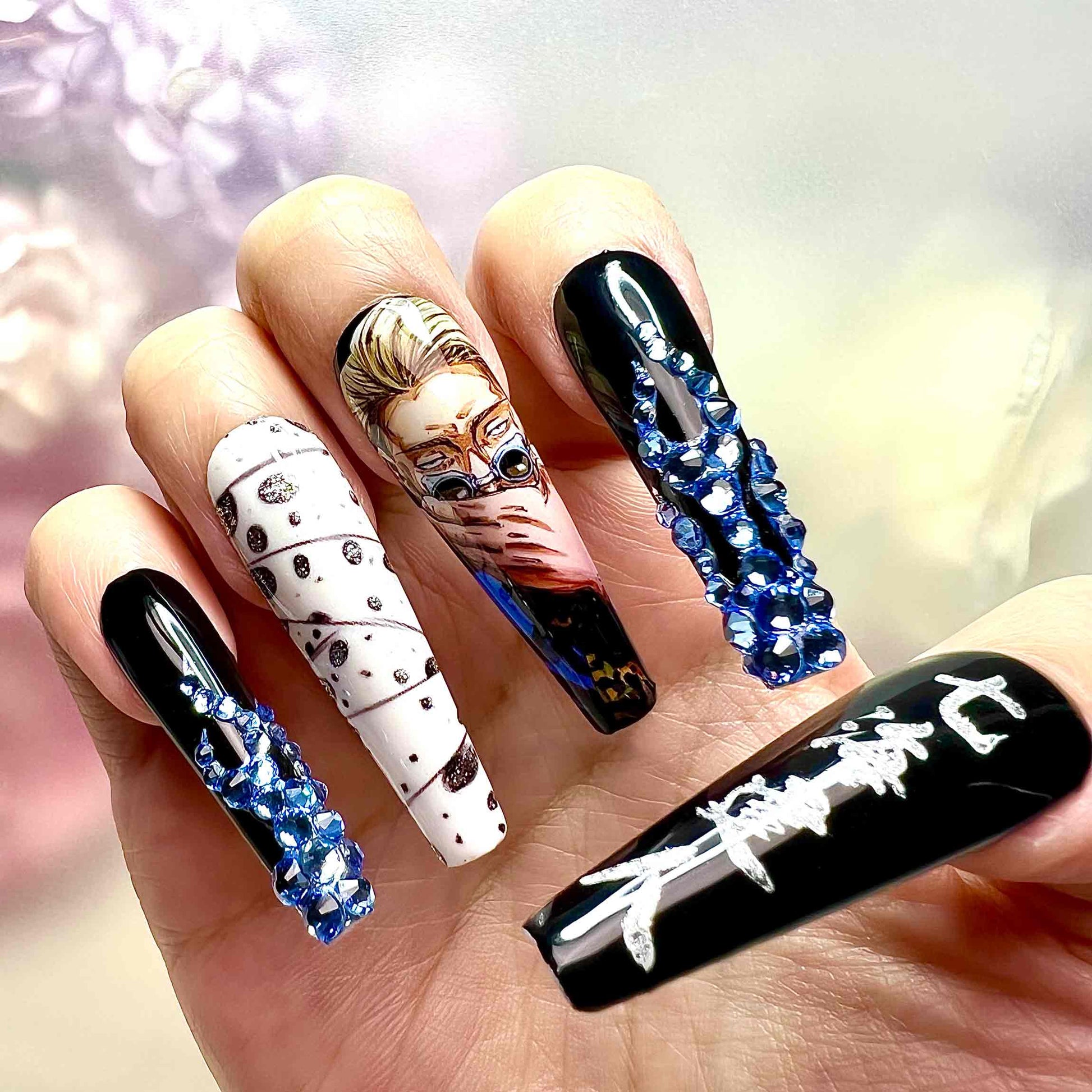 Kento Nanami Nails – Jujutsu Kaisen JJK Press-On Set, 3D Blue Gem &amp; Cursed Tool Anime Design | Dragonnail