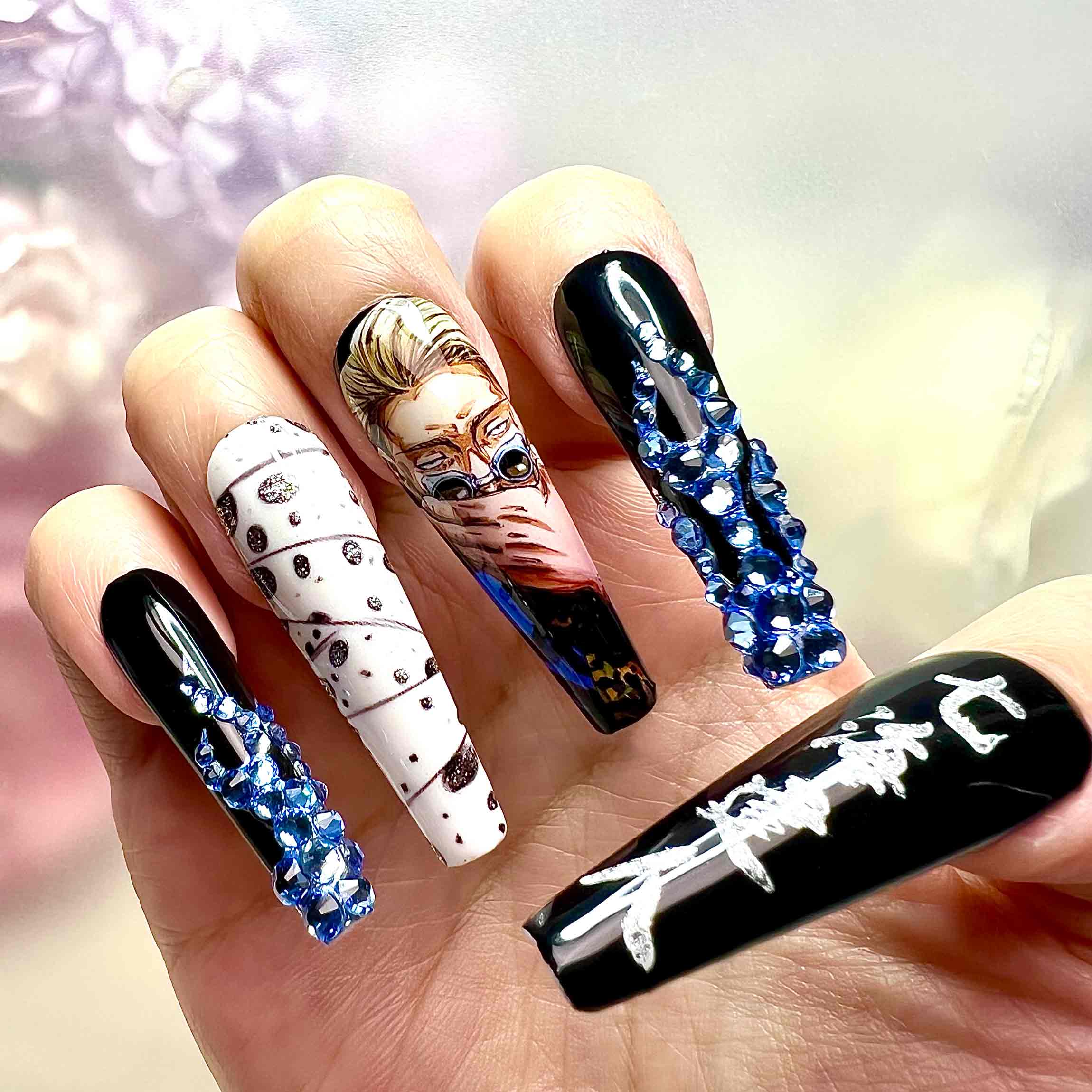Kento Nanami Nails – Jujutsu Kaisen JJK Press-On Set, 3D Blue Gem &amp; Cursed Tool Anime Design | Dragonnail