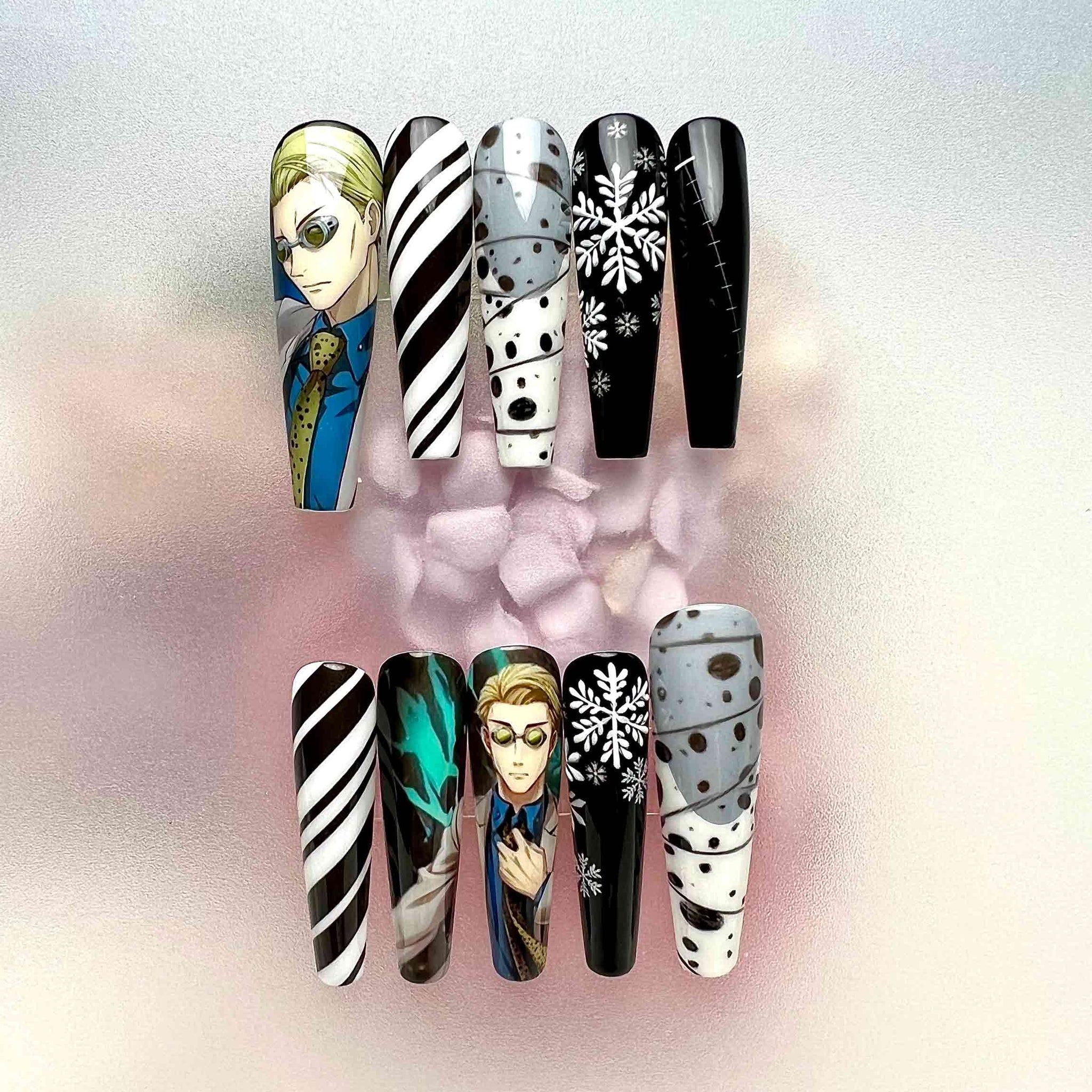 Kento Nanami Nails – Jujutsu Kaisen JJK Press-On Set, Cursed Tool &amp; Snowflake Anime Design | Dragonnail