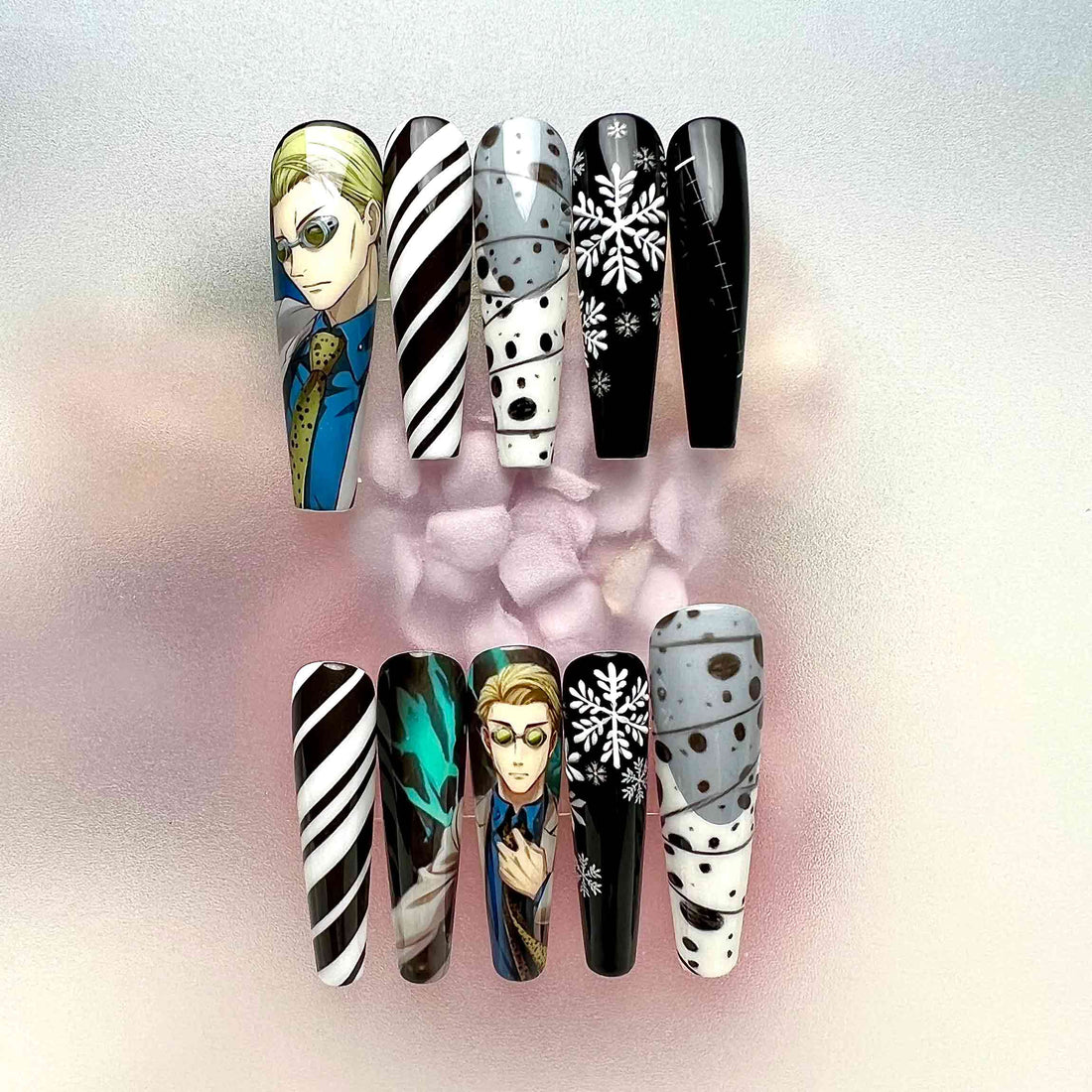 Kento Nanami Nails – Jujutsu Kaisen JJK Press-On Set, Cursed Tool &amp; Snowflake Anime Design | Dragonnail