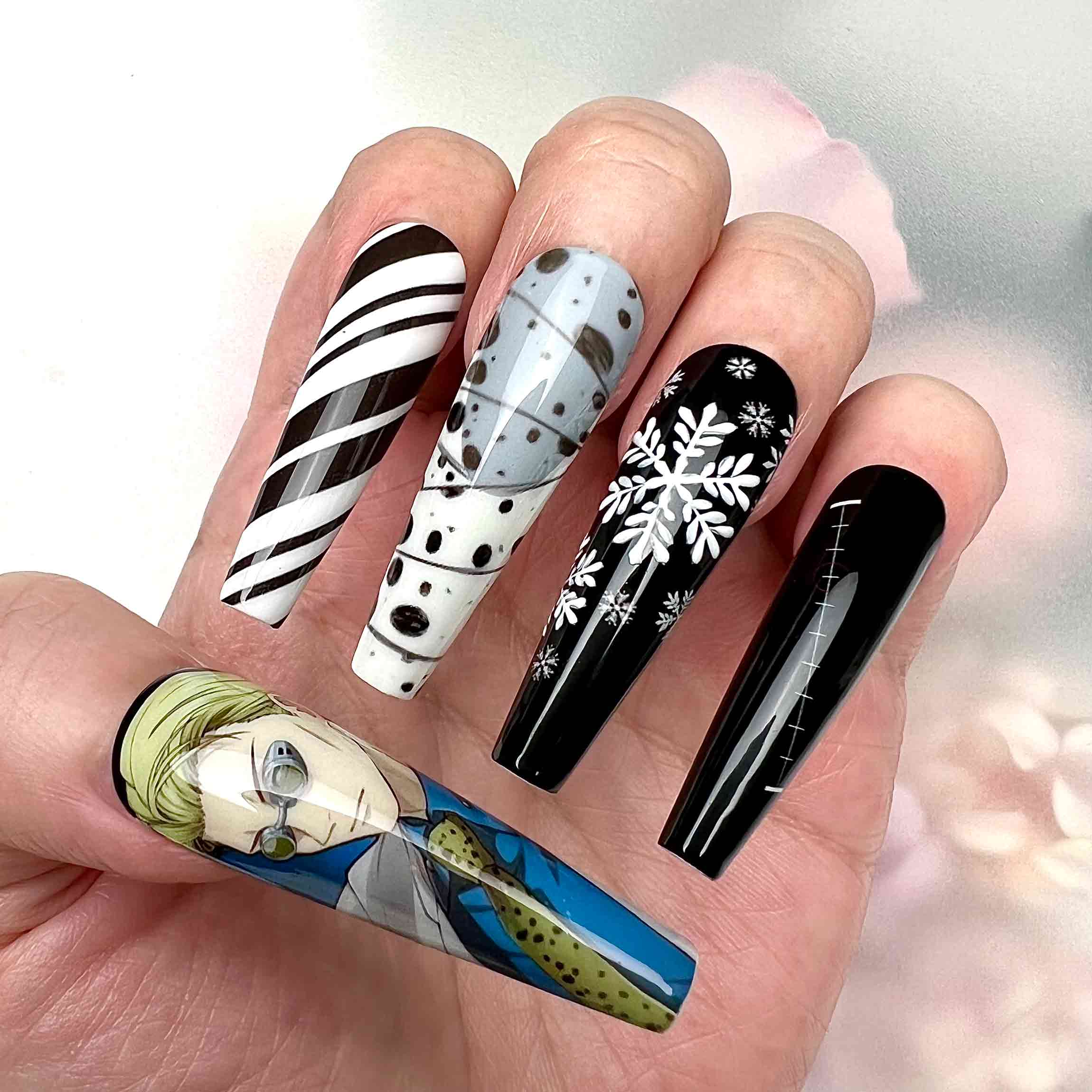Kento Nanami Nails – Jujutsu Kaisen JJK Press-On Set, Cursed Tool &amp; Snowflake Anime Design | Dragonnail