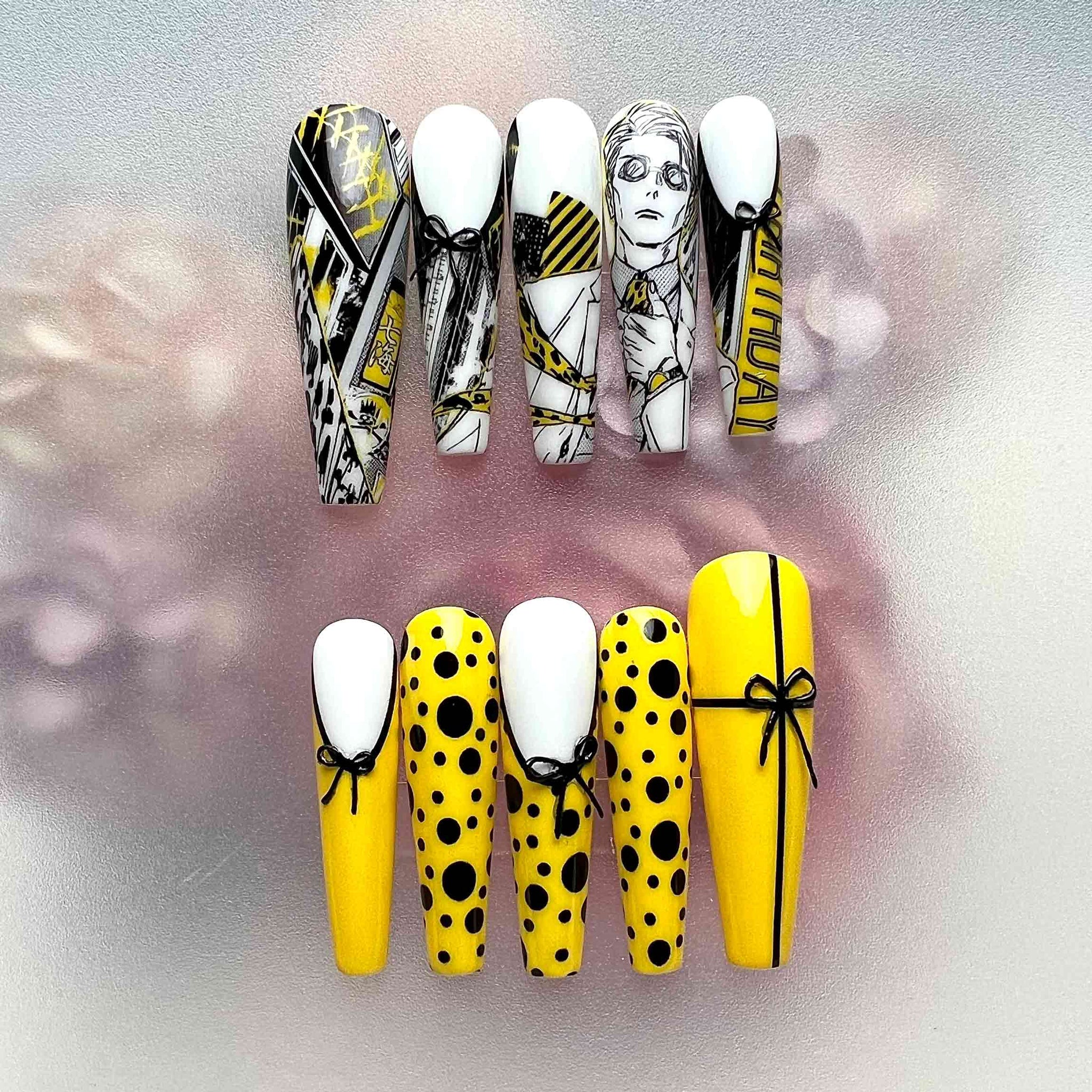 Kento Nanami Nails – Jujutsu Kaisen JJK Press-On Set, Yellow &amp; Black Business Suit Anime Design | Dragonnail