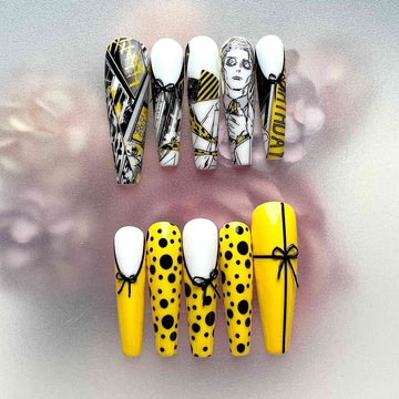 Kento Nanami Nails – Jujutsu Kaisen JJK Press-On Set, Yellow &amp; Black Business Suit Anime Design | Dragonnail