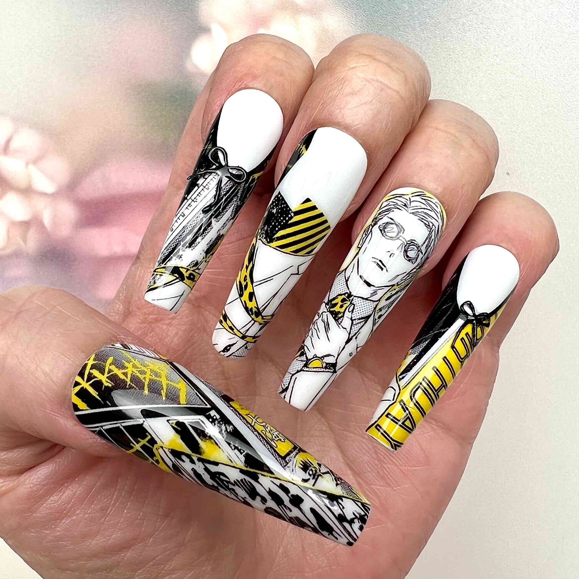 Kento Nanami Nails – Jujutsu Kaisen JJK Press-On Set, Yellow &amp; Black Business Suit Anime Design | Dragonnail