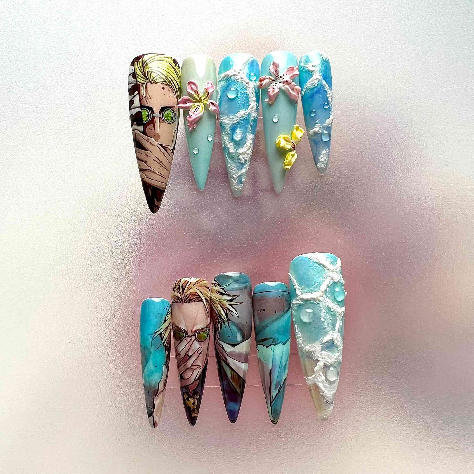 Kento Nanami Nails – Jujutsu Kaisen JJK Press-On Set, 3D Cloud, Flower &amp; Water Drop Anime Design | Dragonnail