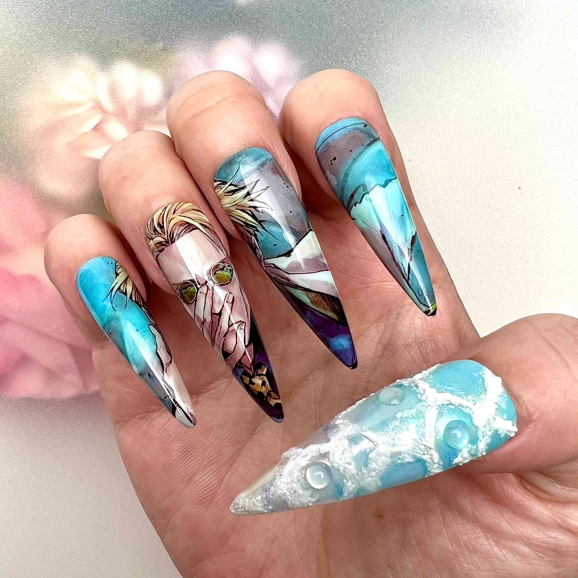 Kento Nanami Nails – Jujutsu Kaisen JJK Press-On Set, 3D Cloud, Flower &amp; Water Drop Anime Design | Dragonnail