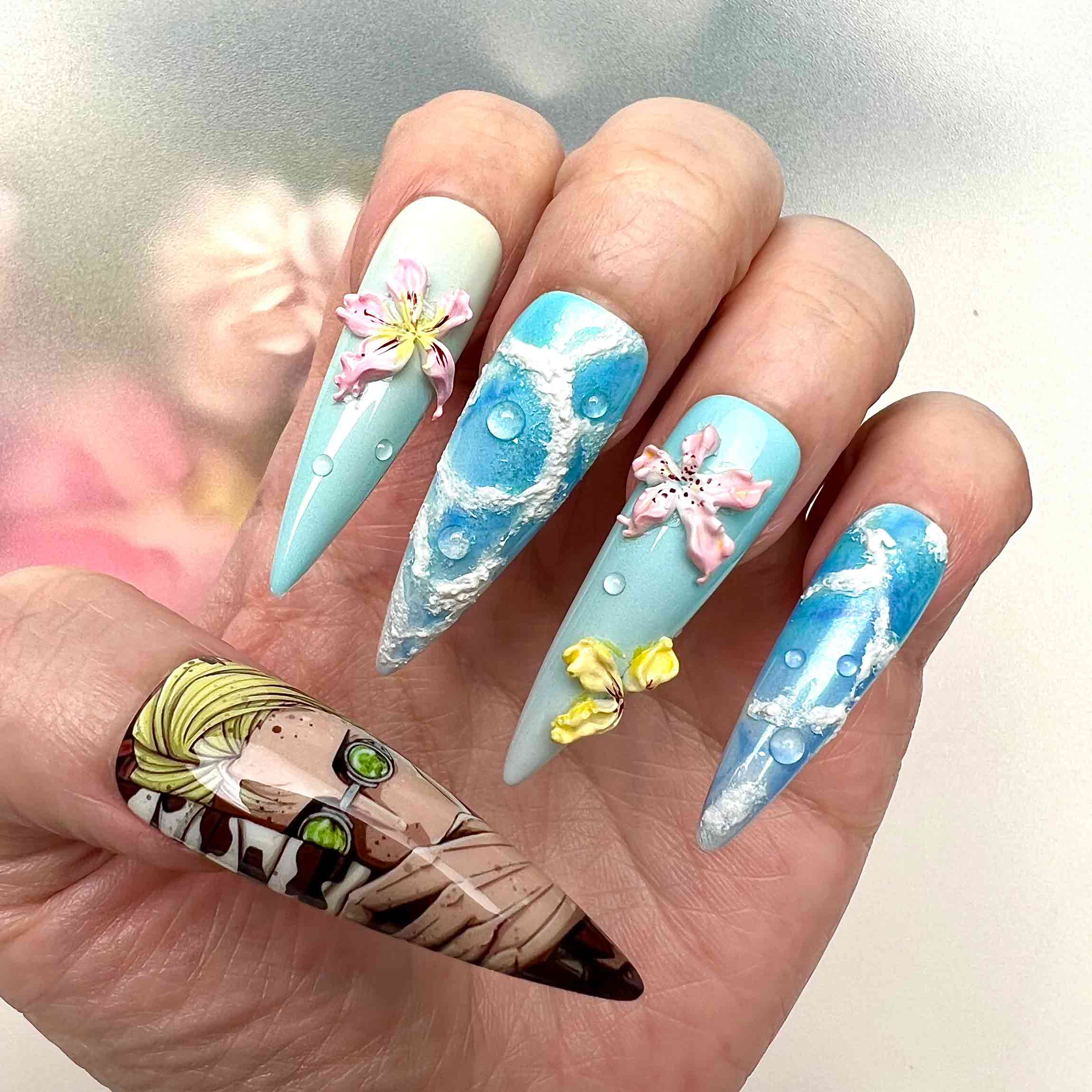 Kento Nanami Nails – Jujutsu Kaisen JJK Press-On Set, 3D Cloud, Flower &amp; Water Drop Anime Design | Dragonnail