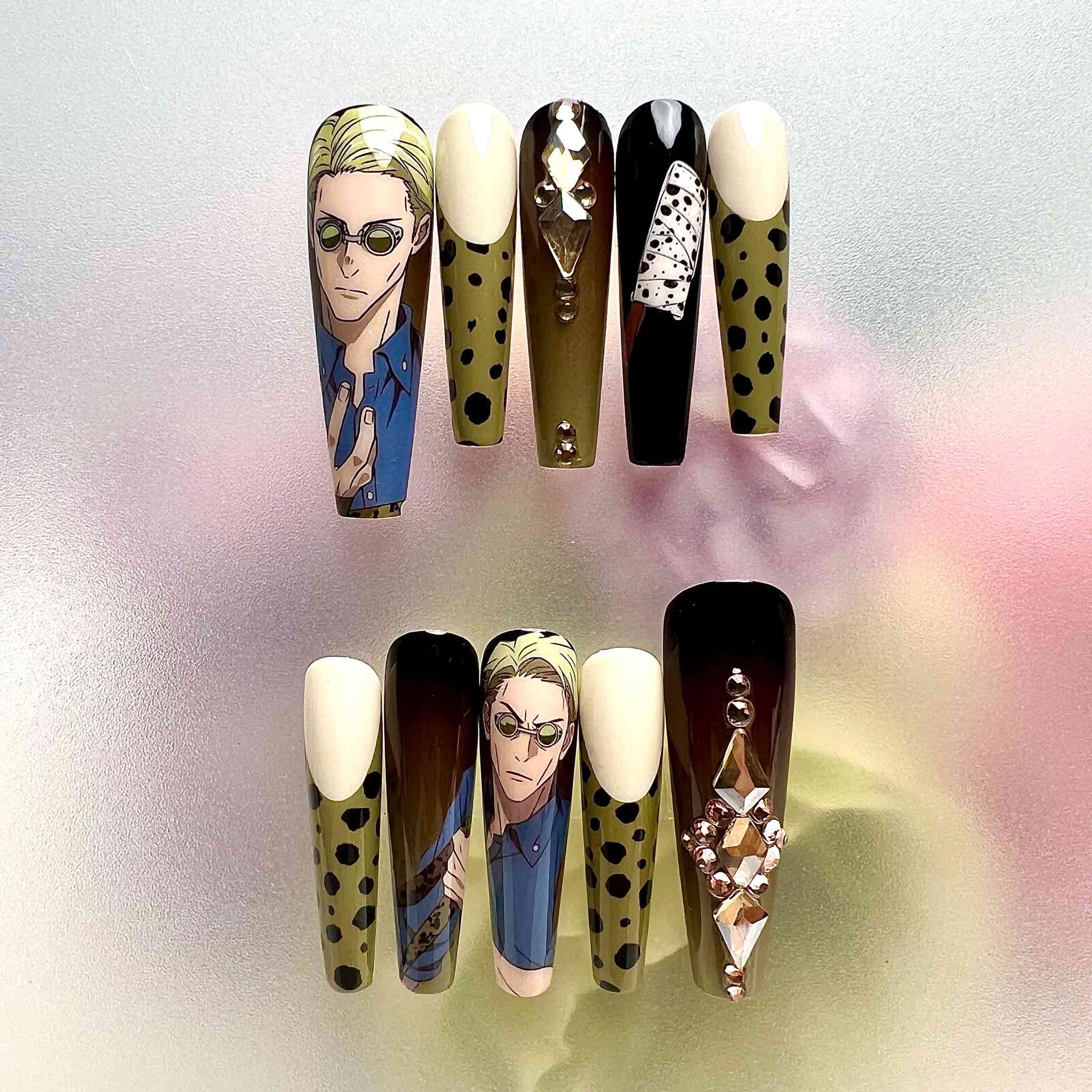 Kento Nanami Nails – Jujutsu Kaisen JJK Press-On Set, 3D Gem, Olive Green &amp; Spotted Anime Design | Dragonnail