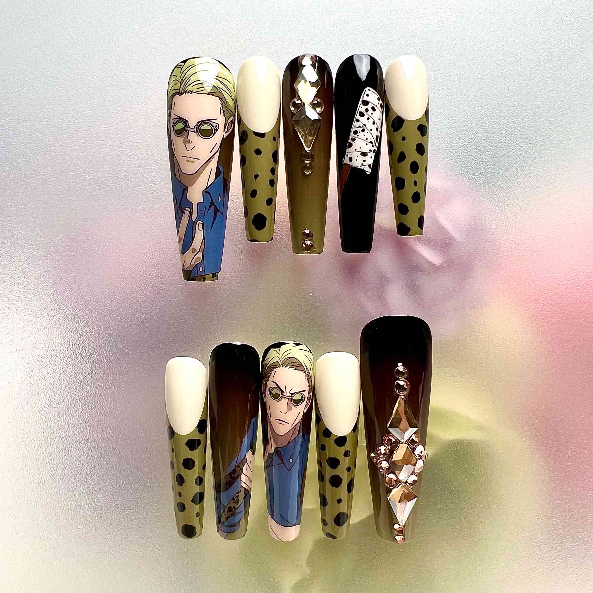 Kento Nanami Nails – Jujutsu Kaisen JJK Press-On Set, 3D Gem, Olive Green &amp; Spotted Anime Design | Dragonnail