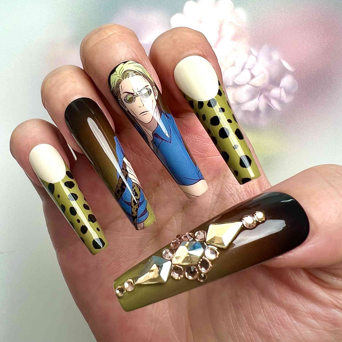 Kento Nanami Nails – Jujutsu Kaisen JJK Press-On Set, 3D Gem, Olive Green &amp; Spotted Anime Design | Dragonnail
