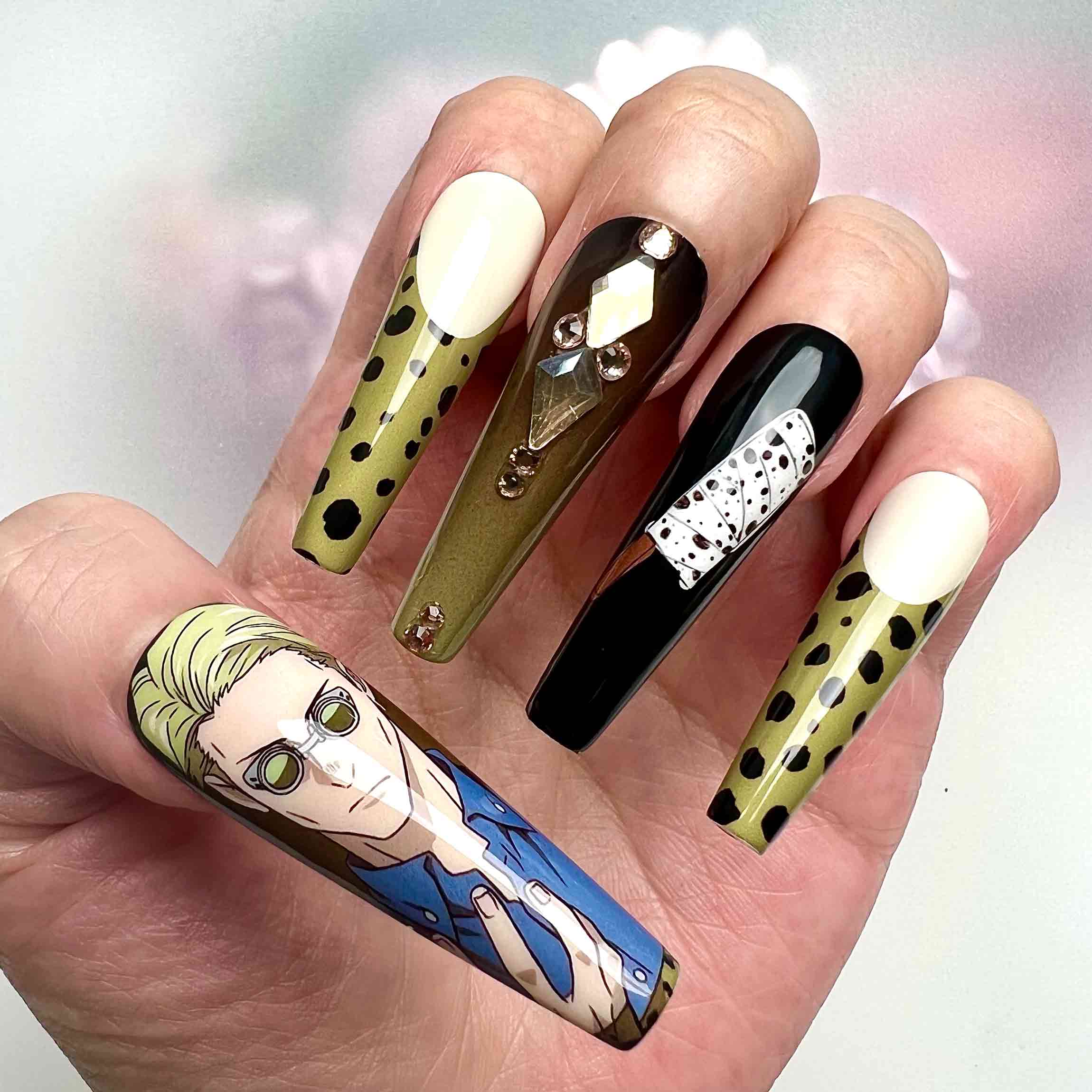 Kento Nanami Nails – Jujutsu Kaisen JJK Press-On Set, 3D Gem, Olive Green &amp; Spotted Anime Design | Dragonnail