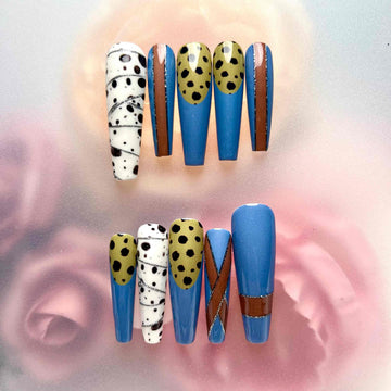 Nanami Subtle Abstract Pattern Nails – Blue, Brown &amp; Leopard Print Press-On Set, Spotted &amp; Glitter Stripe Design | Dragonnail