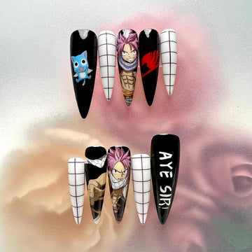 Natsu &amp; Happy Nails – Fairy Tail Anime Press-On Set, Dragon Slayer Black Grid Design | Dragonnail