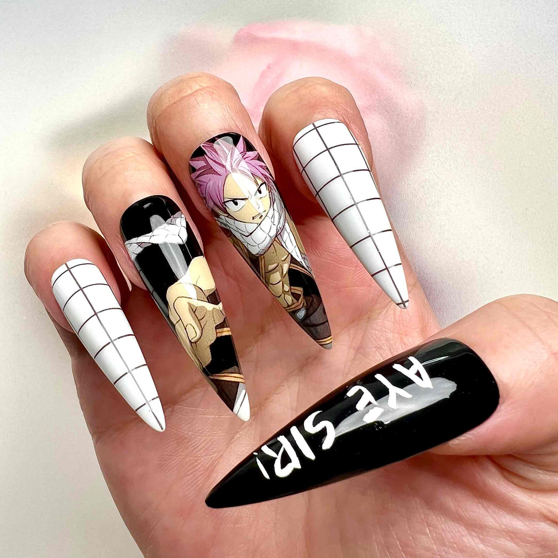 Natsu &amp; Happy Nails – Fairy Tail Anime Press-On Set, Dragon Slayer Black Grid Design | Dragonnail