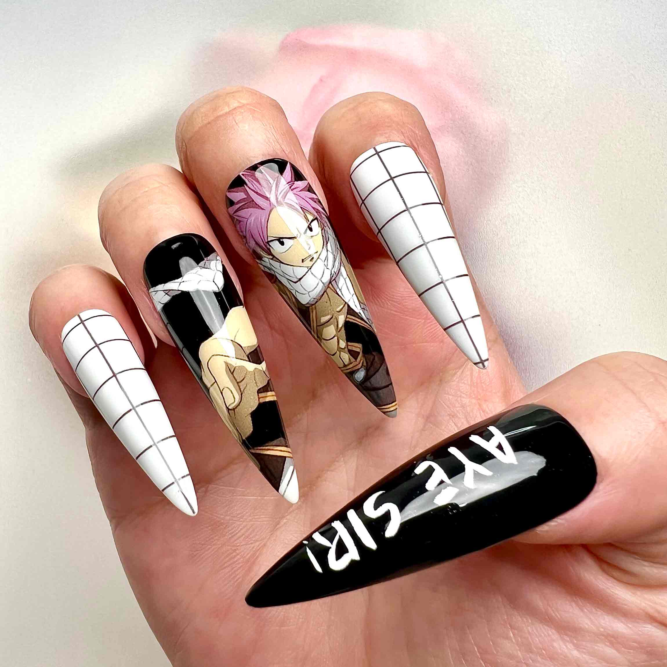 Natsu &amp; Happy Nails – Fairy Tail Anime Press-On Set, Dragon Slayer Black Grid Design | Dragonnail