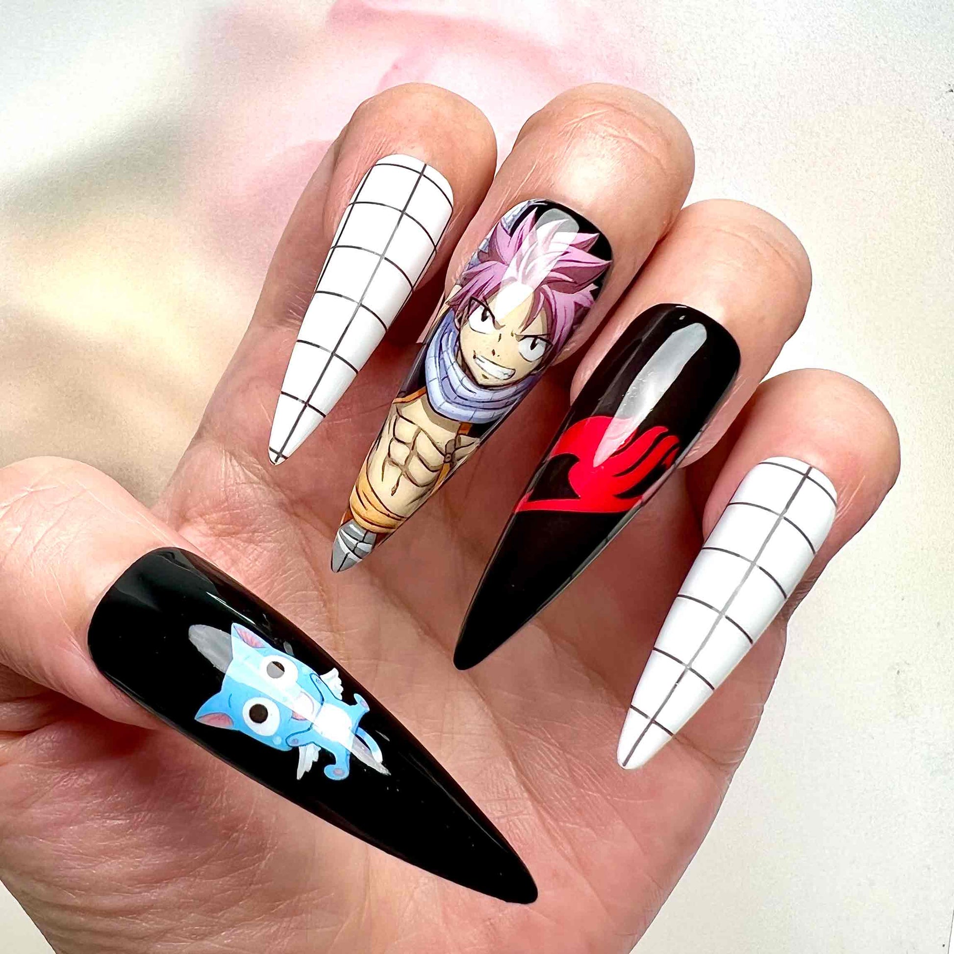 Natsu &amp; Happy Nails – Fairy Tail Anime Press-On Set, Dragon Slayer Black Grid Design | Dragonnail