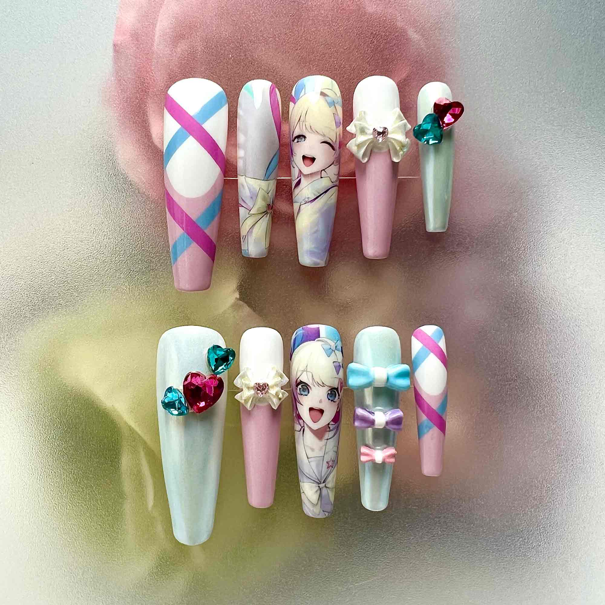 Pastel Anime Girl Nails – Cute Pink &amp; Blue Bow Press-On Nail Set | Dragonnail