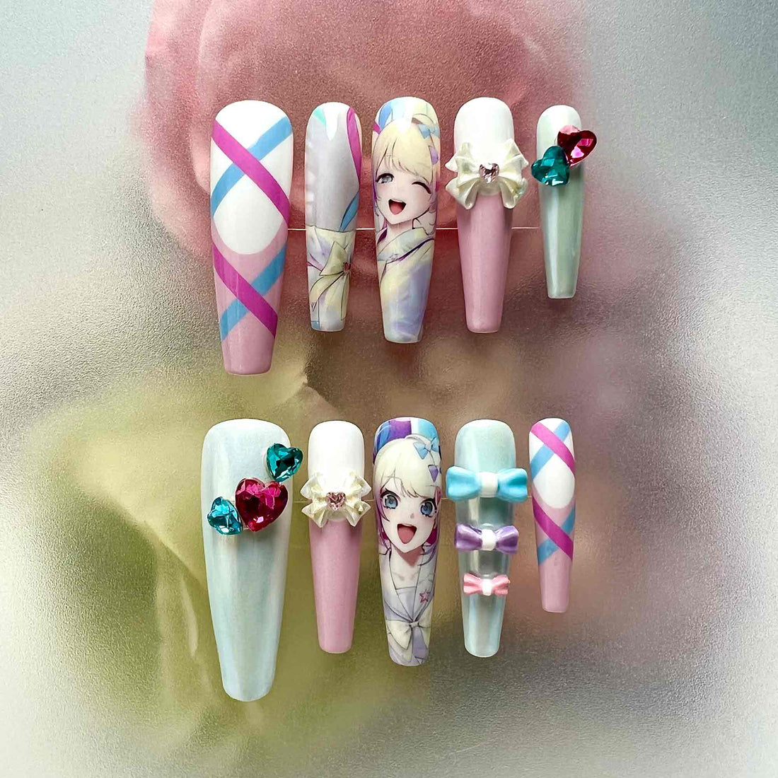 Pastel Anime Girl Nails – Cute Pink &amp; Blue Bow Press-On Nail Set | Dragonnail