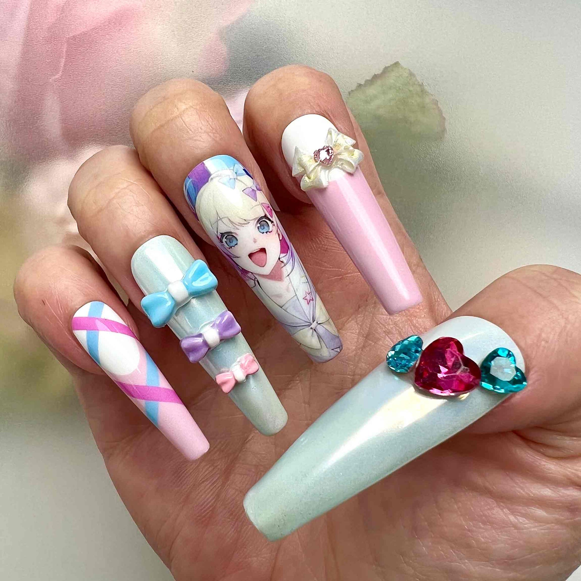 Pastel Anime Girl Nails – Cute Pink &amp; Blue Bow Press-On Nail Set | Dragonnail