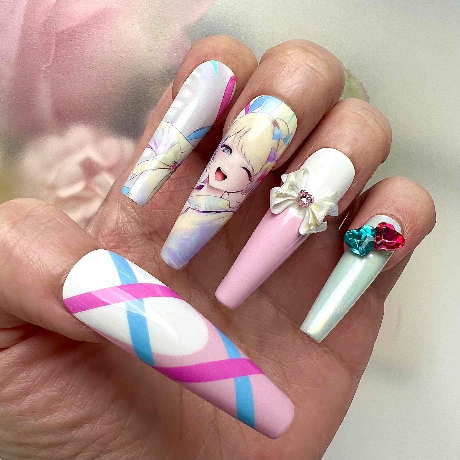 Pastel Anime Girl Nails – Cute Pink &amp; Blue Bow Press-On Nail Set | Dragonnail