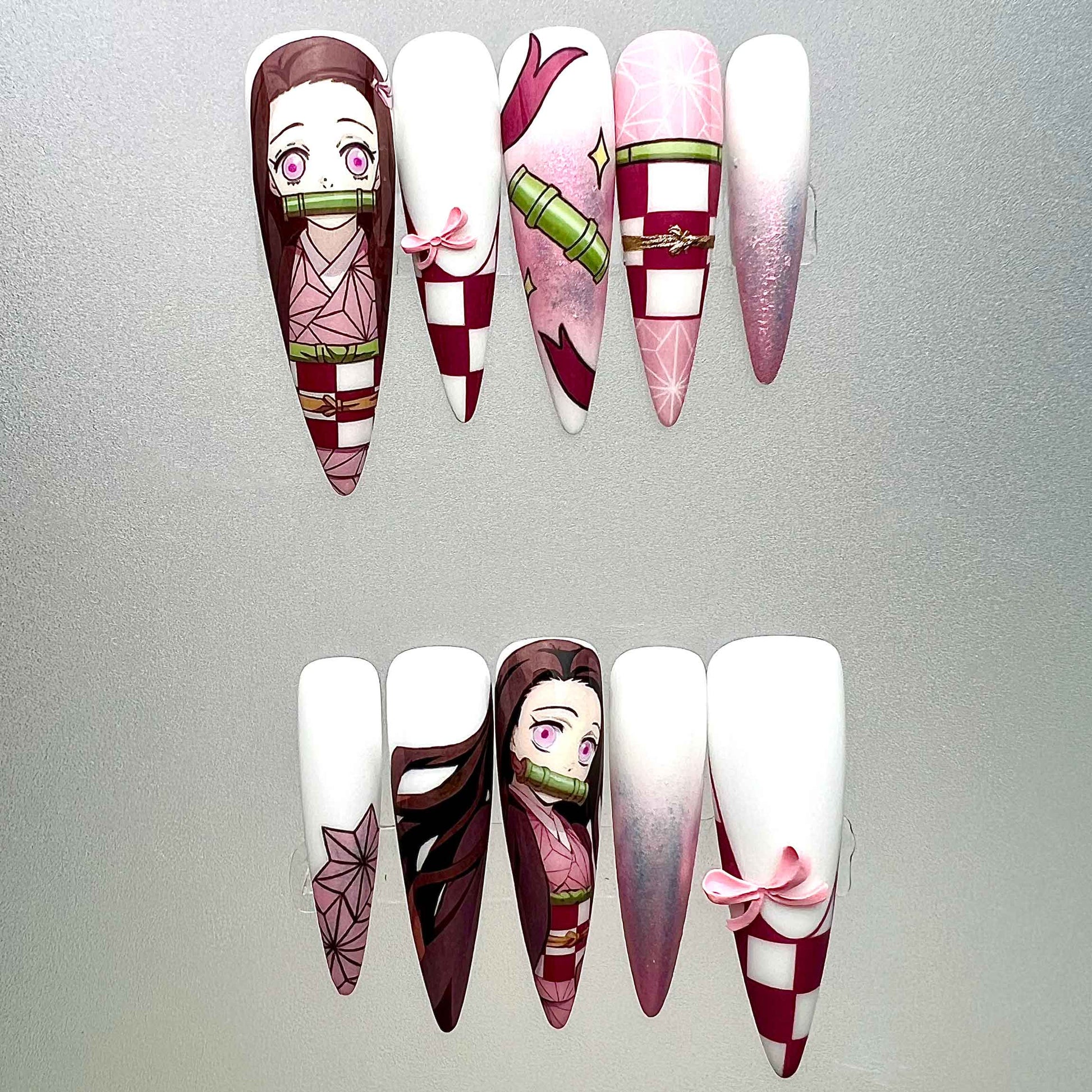 Nezuko Kamado Nails – Demon Slayer KNY Press-On Set, Pink Kimono &amp; Bamboo Muzzle Anime Design | Dragonnail