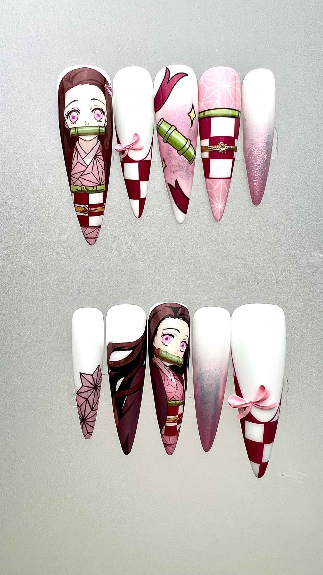 Nezuko Kamado Nails – Demon Slayer KNY Press-On Set, Pink Kimono &amp; Bamboo Muzzle Anime Design | Dragonnail