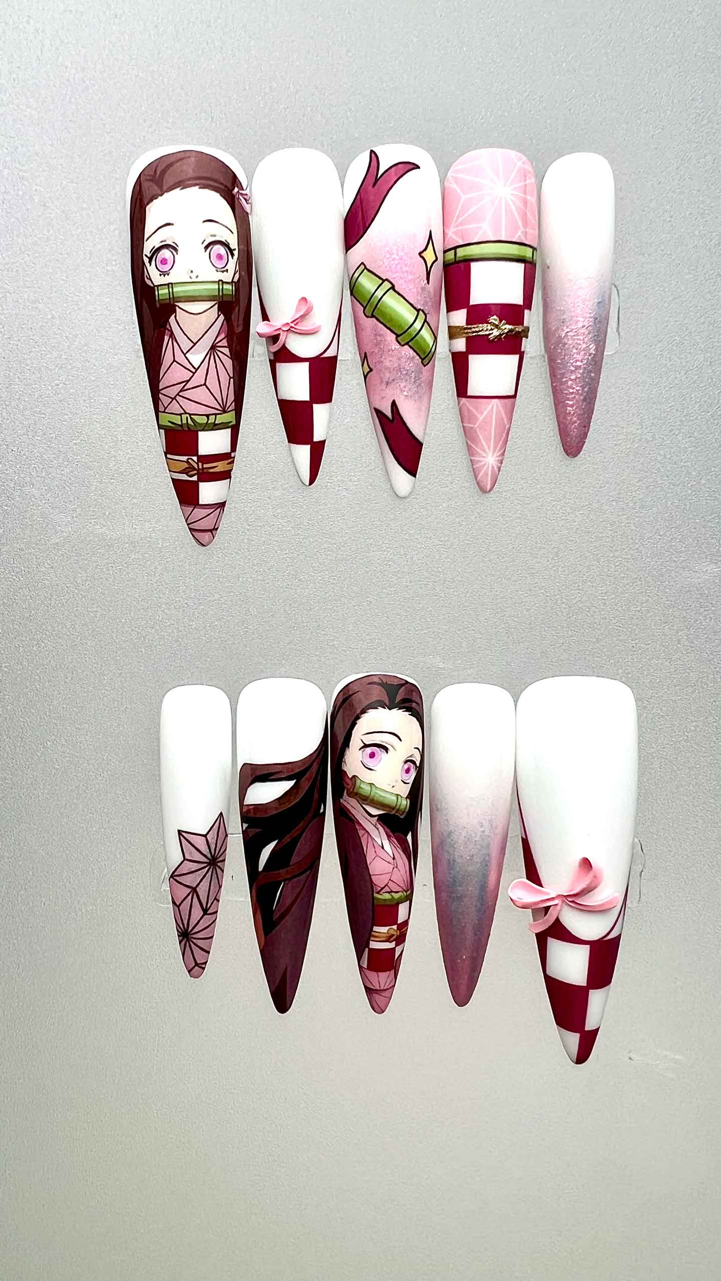 Nezuko Kamado Nails – Demon Slayer KNY Press-On Set, Pink Kimono &amp; Bamboo Muzzle Anime Design | Dragonnail
