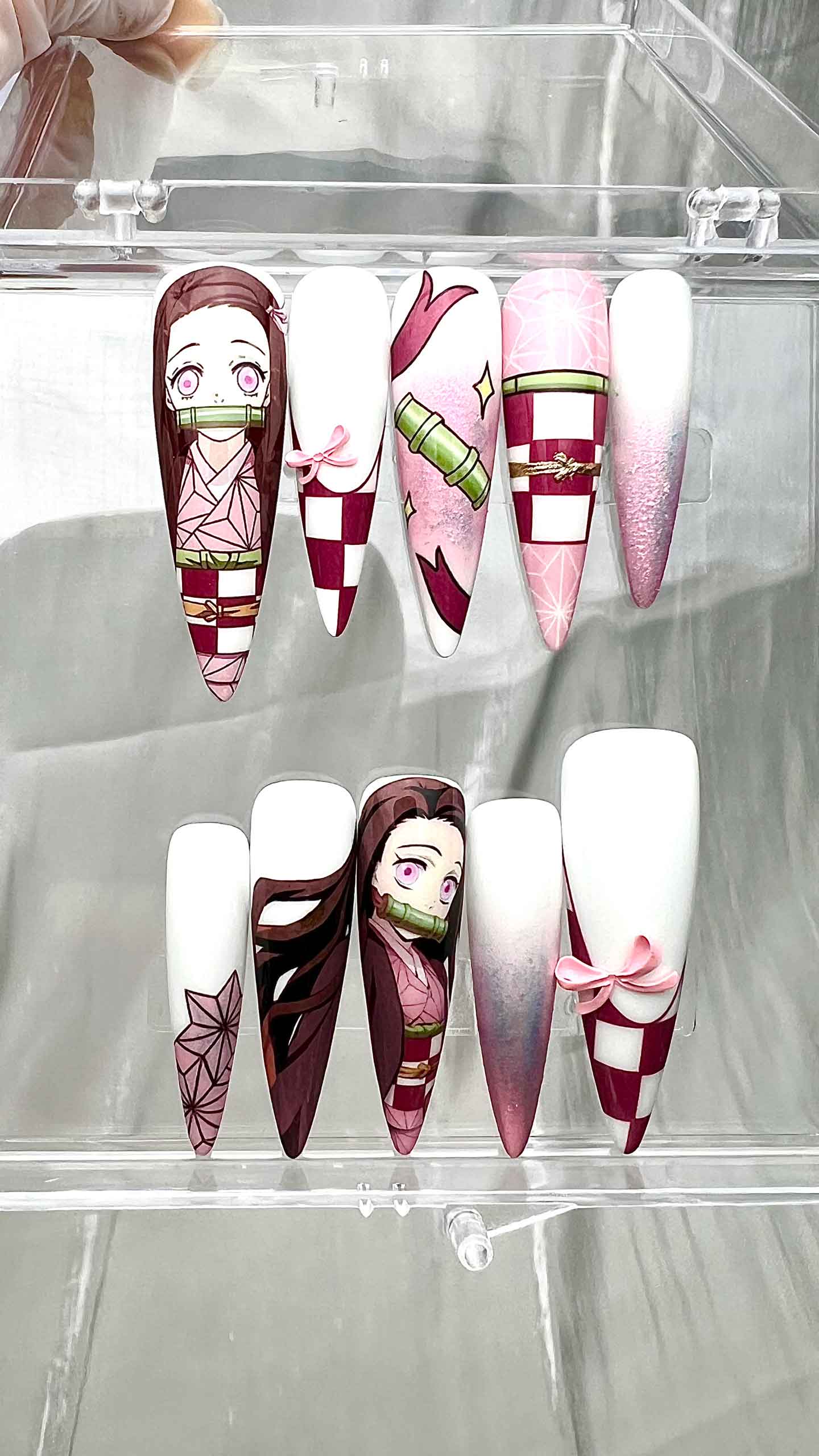Nezuko Kamado Nails – Demon Slayer KNY Press-On Set, Pink Kimono &amp; Bamboo Muzzle Anime Design | Dragonnail