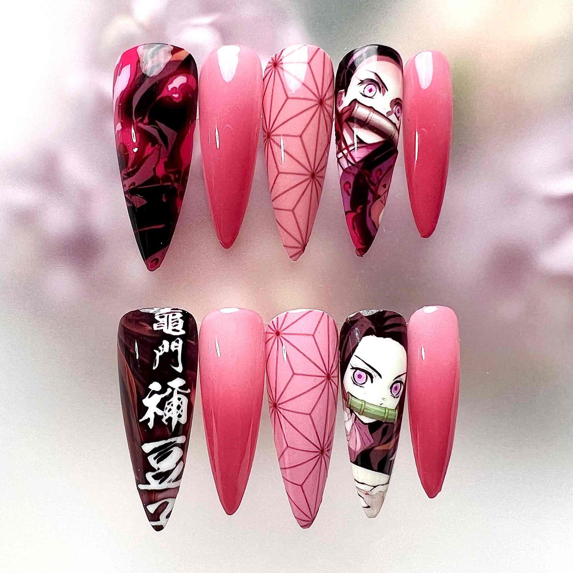 Nezuko Kamado Nails – Demon Slayer KNY Press-On Set, Pink Kimono &amp; Kanji Anime Design | Dragonnail