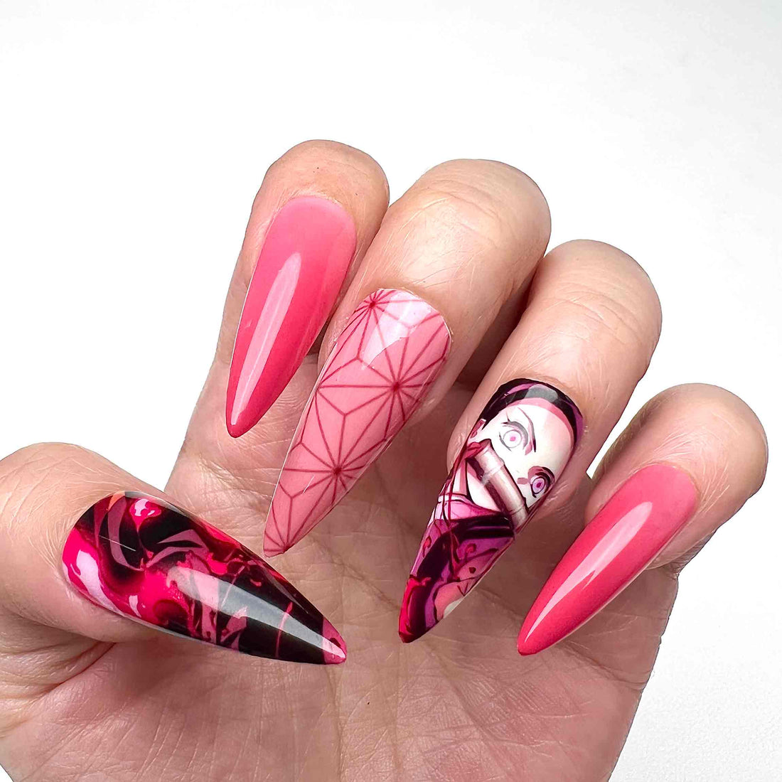 Nezuko Kamado Nails – Demon Slayer KNY Press-On Set, Pink Kimono &amp; Kanji Anime Design | Dragonnail