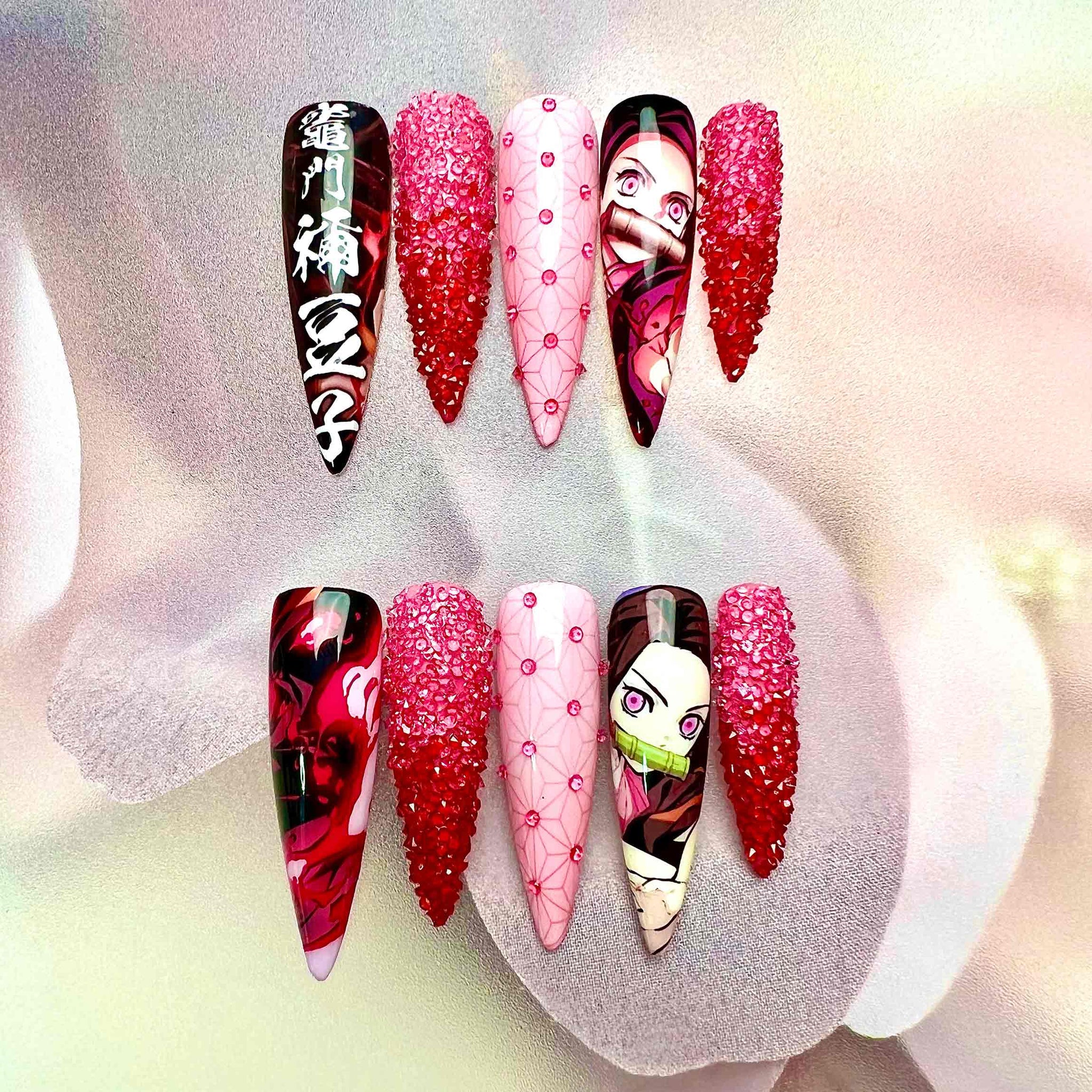 Nezuko Kamado Nails – Demon Slayer KNY Press-On Set, 3D Red Crystal &amp; Pink Kimono Anime Design | Dragonnail
