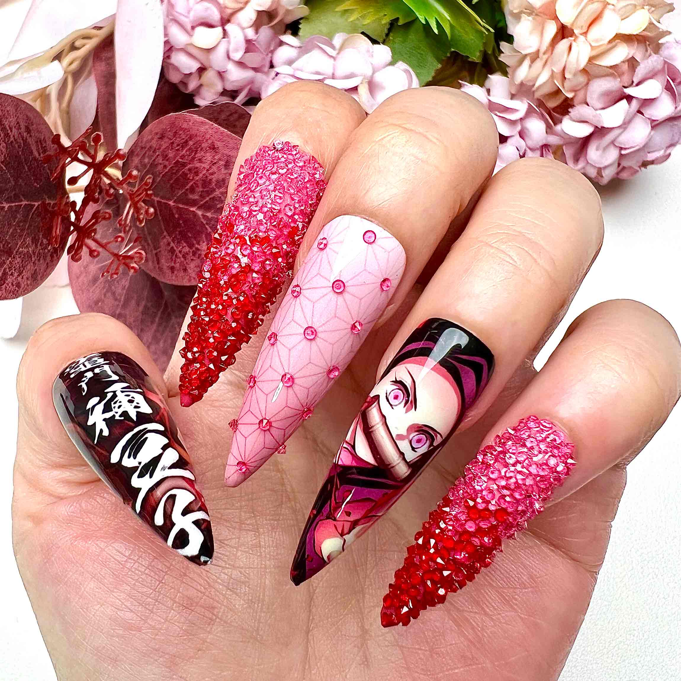 Nezuko Kamado Nails – Demon Slayer KNY Press-On Set, 3D Red Crystal &amp; Pink Kimono Anime Design | Dragonnail