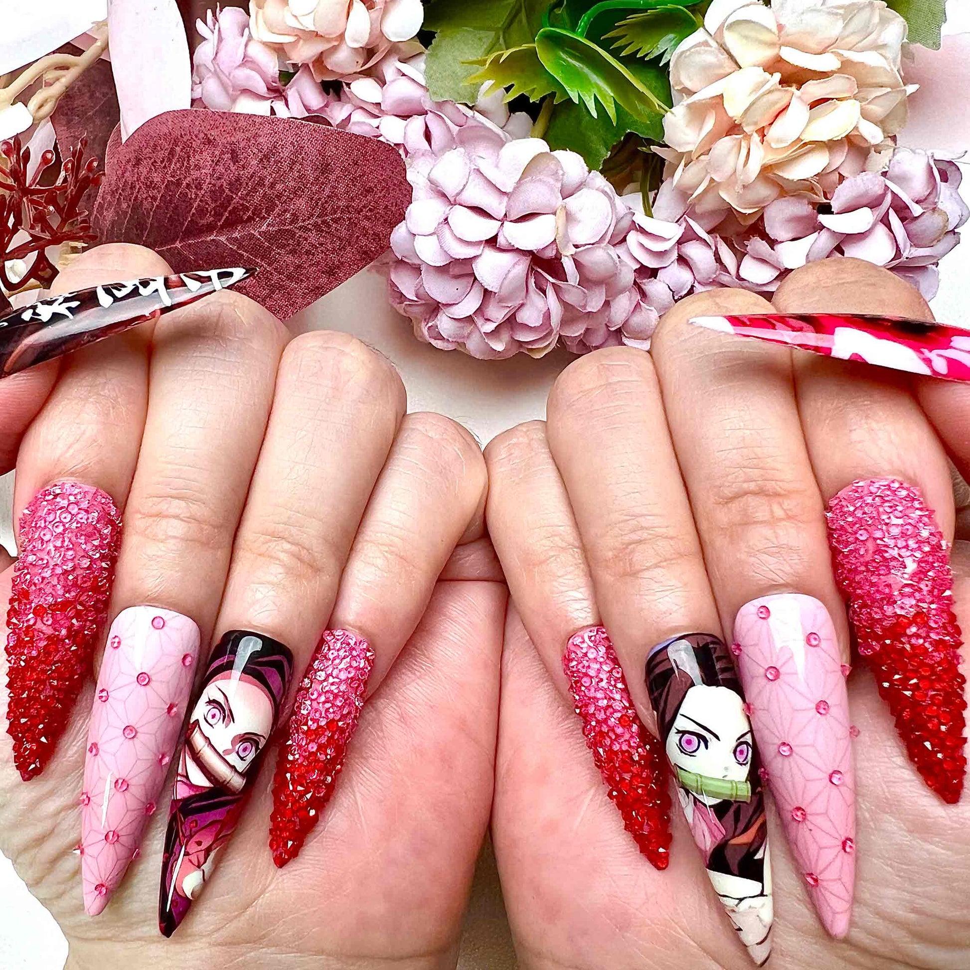 Nezuko Kamado Nails – Demon Slayer KNY Press-On Set, 3D Red Crystal &amp; Pink Kimono Anime Design | Dragonnail