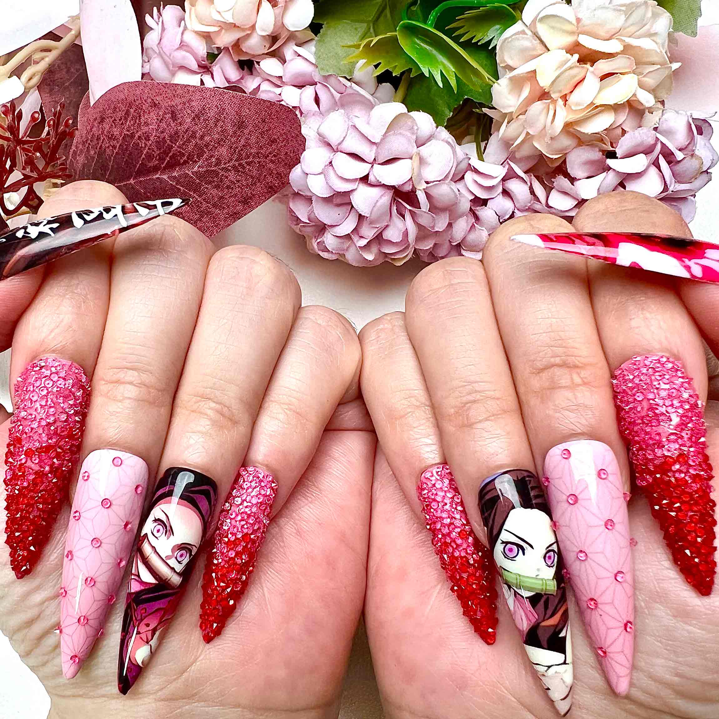 Nezuko Kamado Nails – Demon Slayer KNY Press-On Set, 3D Red Crystal &amp; Pink Kimono Anime Design | Dragonnail