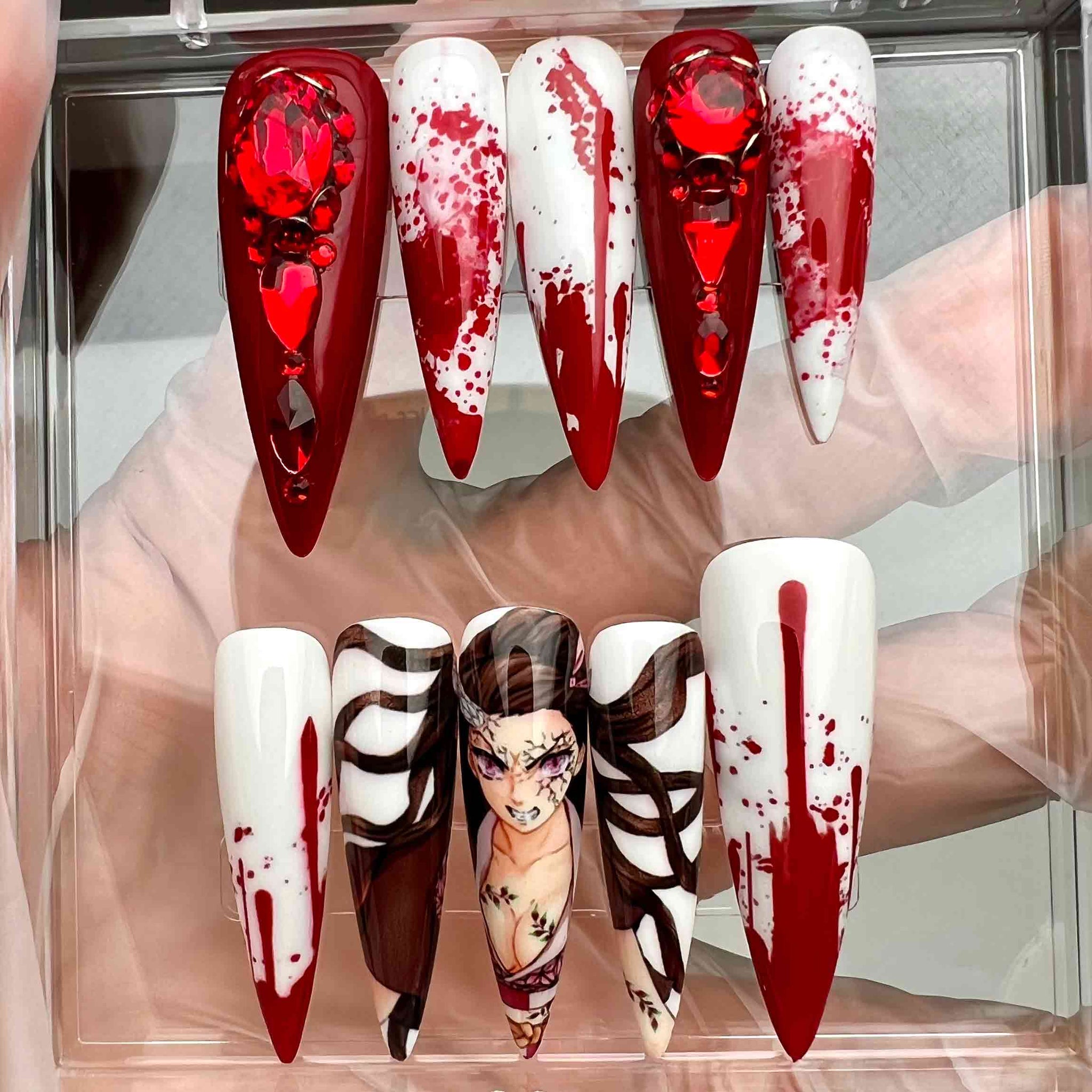 Muzan Kibutsuji Nails – Demon Slayer KNY Press-On Set, 3D Red Gem &amp; Gothic Blood Splatter Design | Dragonnail