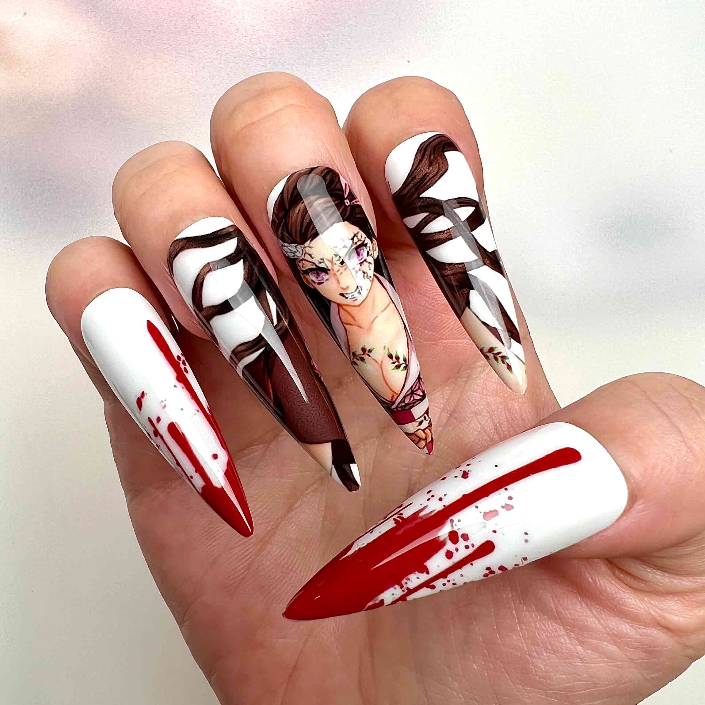 Muzan Kibutsuji Nails – Demon Slayer KNY Press-On Set, 3D Red Gem &amp; Gothic Blood Splatter Design | Dragonnail