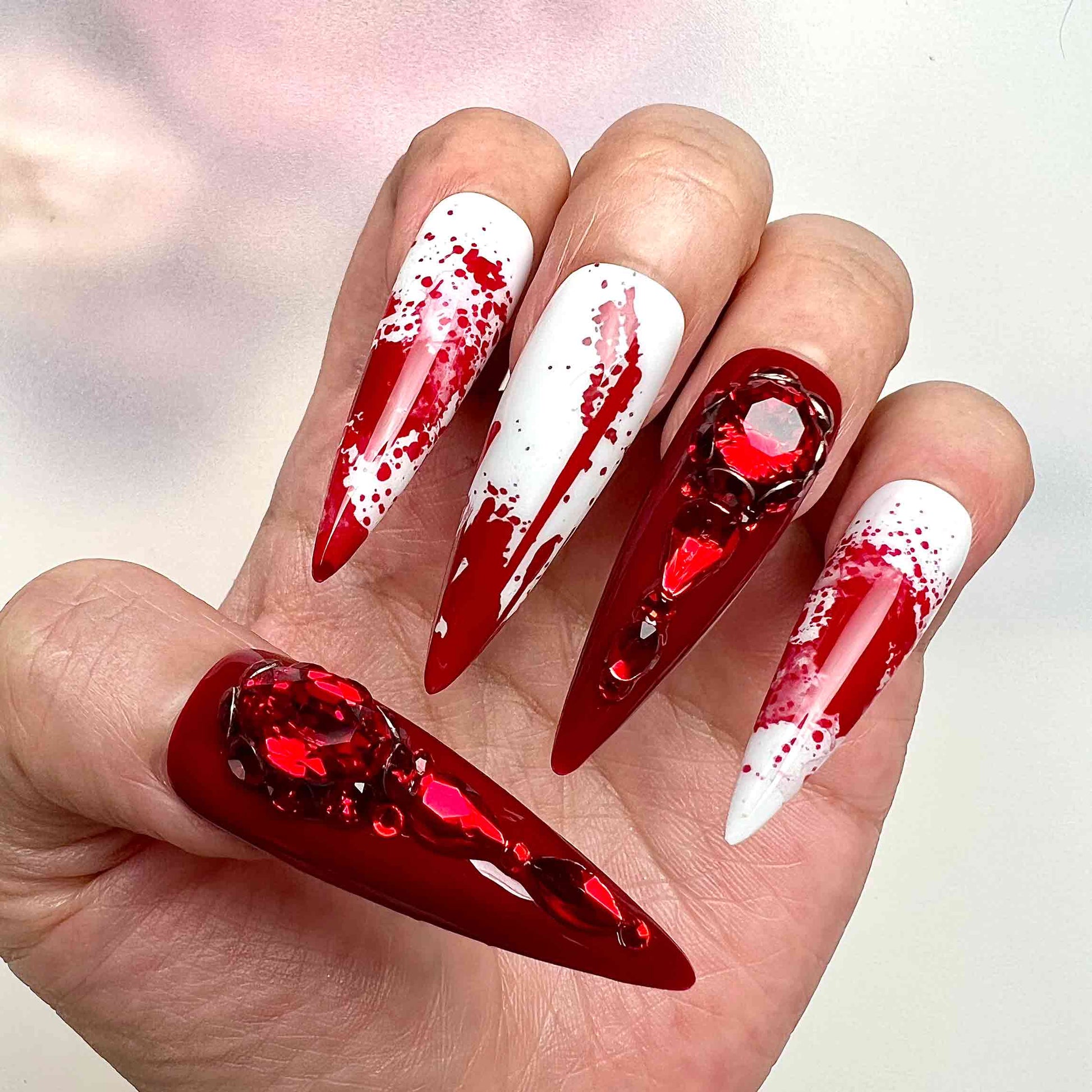 Muzan Kibutsuji Nails – Demon Slayer KNY Press-On Set, 3D Red Gem &amp; Gothic Blood Splatter Design | Dragonnail