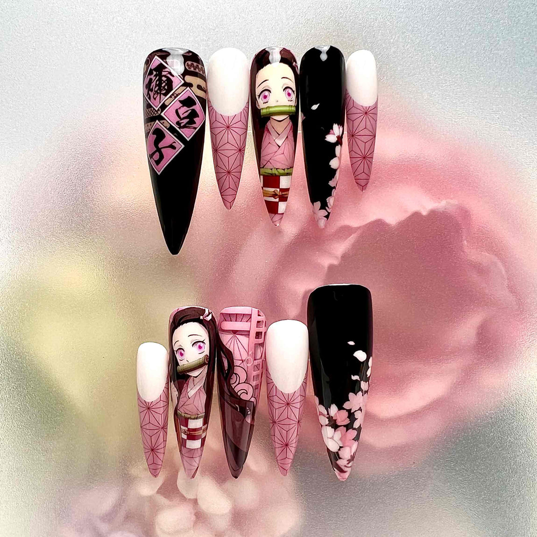 Nezuko Kamado Nails – Demon Slayer KNY Press-On Set, Pink Kimono &amp; Sakura Blossom Anime Design | Dragonnail