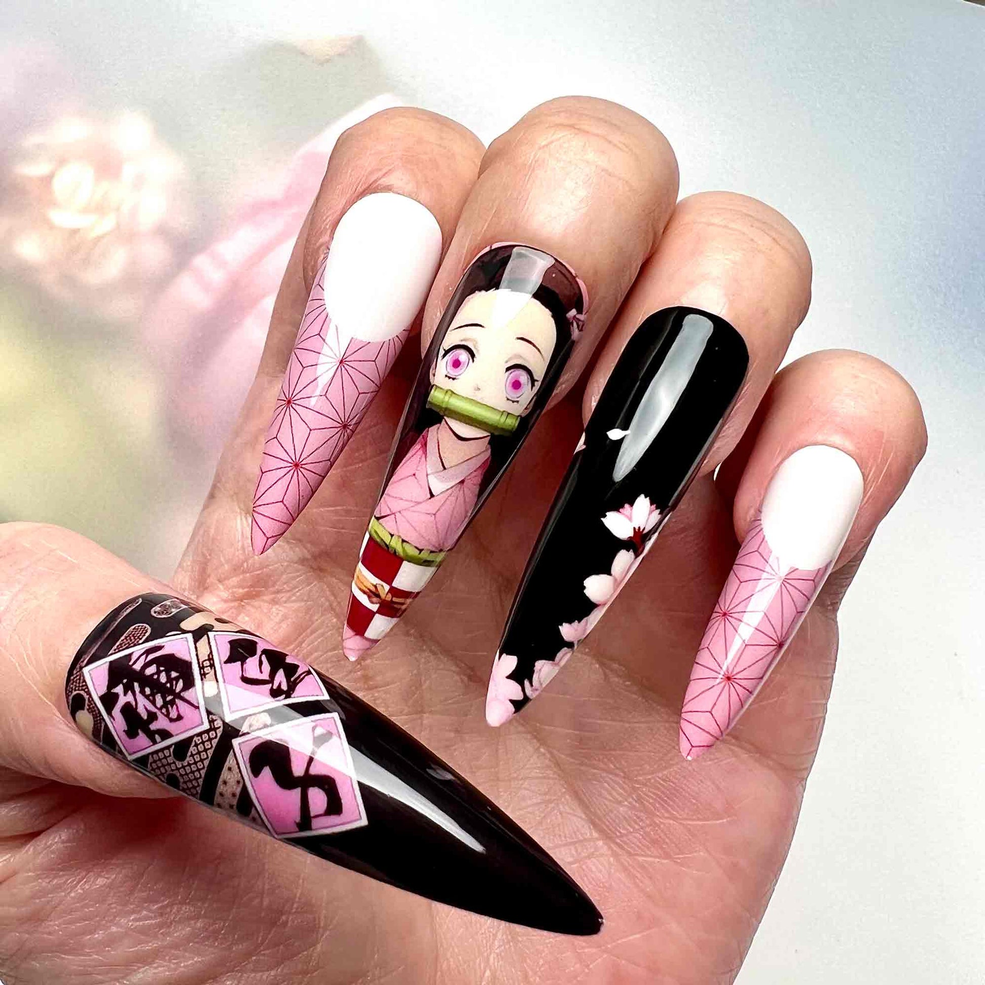 Nezuko Kamado Nails – Demon Slayer KNY Press-On Set, Pink Kimono &amp; Sakura Blossom Anime Design | Dragonnail