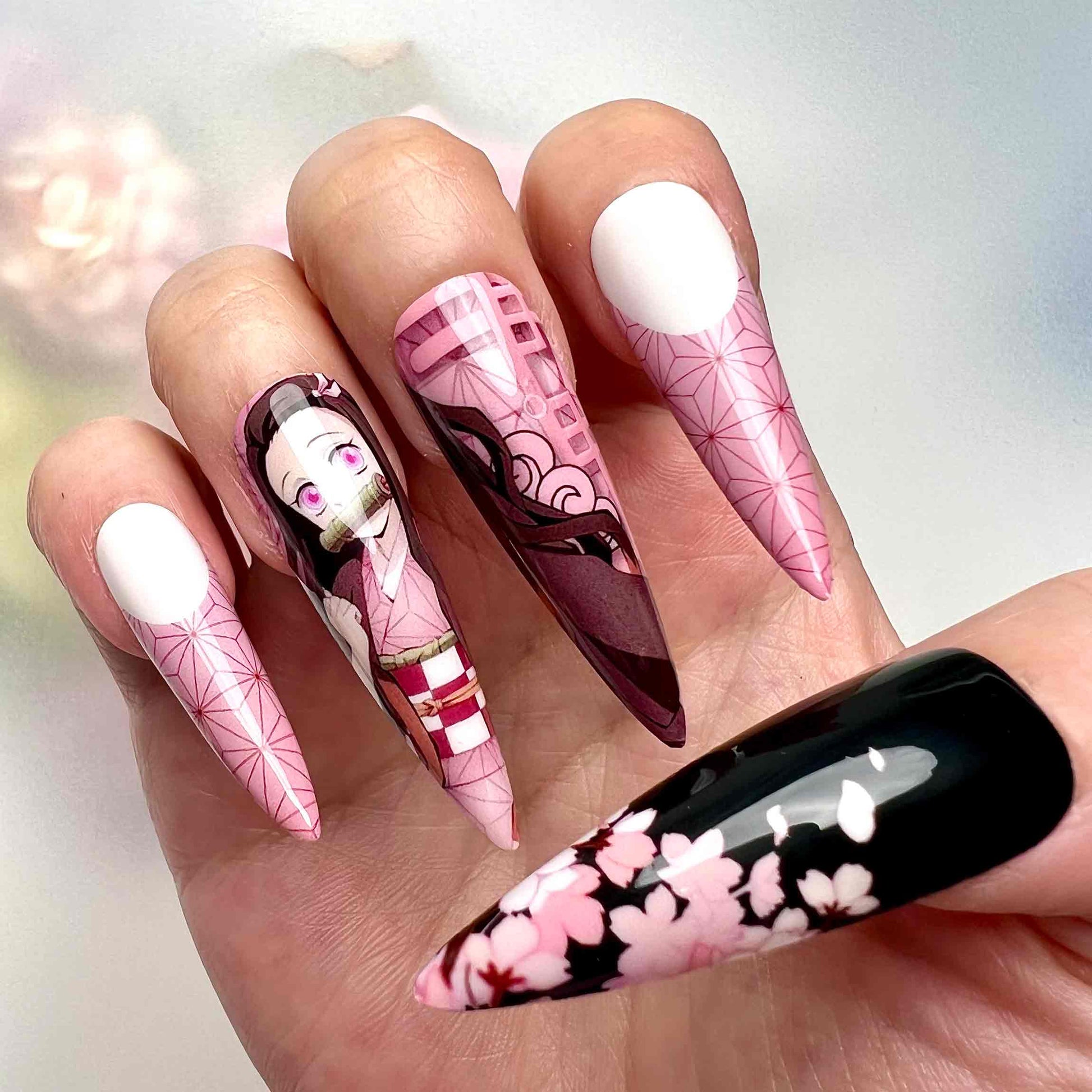 Nezuko Kamado Nails – Demon Slayer KNY Press-On Set, Pink Kimono &amp; Sakura Blossom Anime Design | Dragonnail