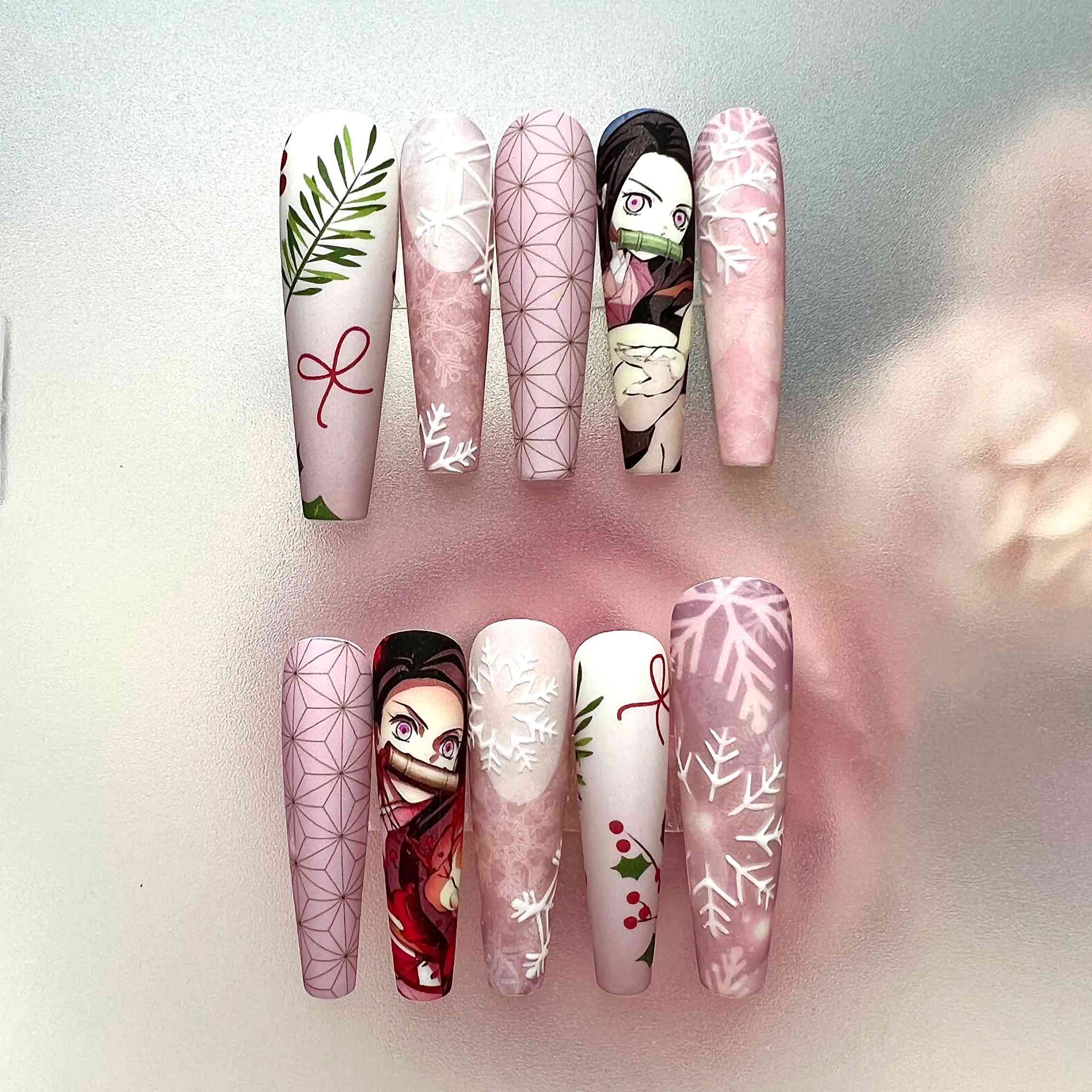 Nezuko Kamado Christmas Nails – Demon Slayer KNY Press-On Set, 3D Snowflake &amp; Pink Kimono Winter Design | Dragonnai