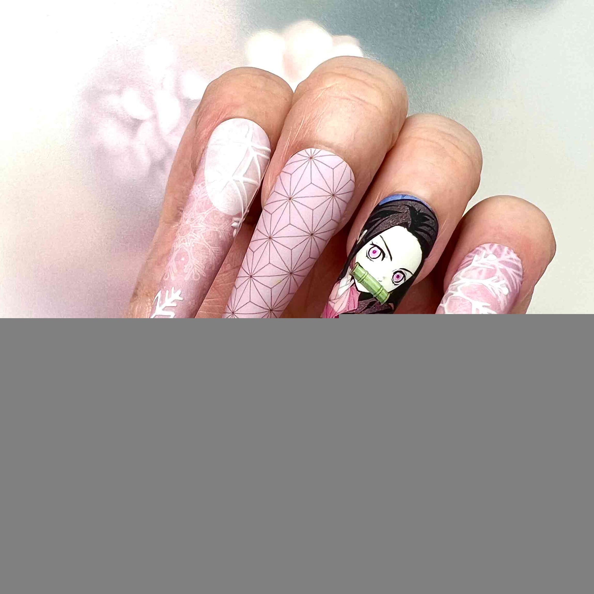 Nezuko Kamado Christmas Nails – Demon Slayer KNY Press-On Set, 3D Snowflake &amp; Pink Kimono Winter Design | Dragonnai