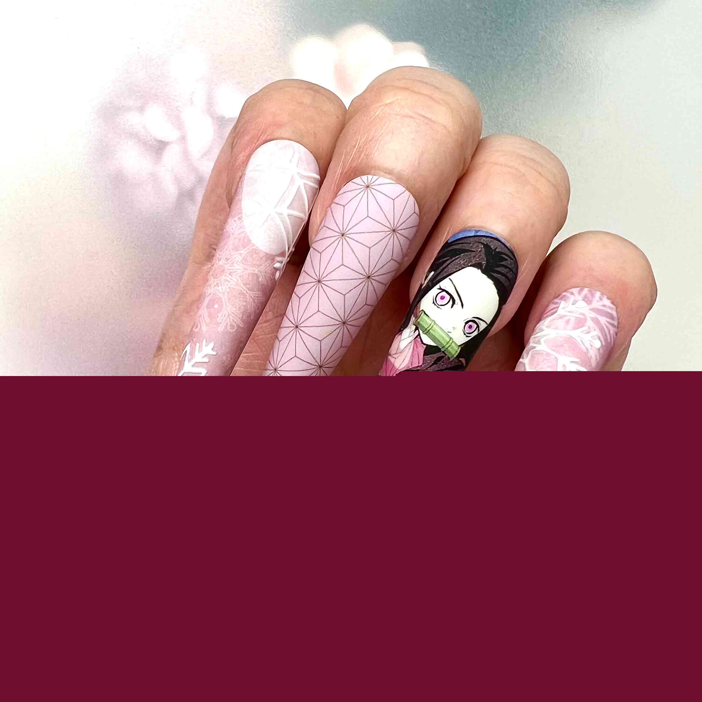 Nezuko Kamado Christmas Nails – Demon Slayer KNY Press-On Set, 3D Snowflake &amp; Pink Kimono Winter Design | Dragonnai