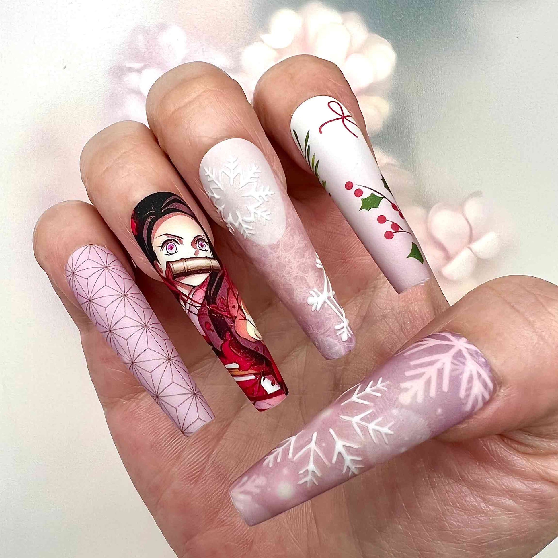 Nezuko Kamado Christmas Nails – Demon Slayer KNY Press-On Set, 3D Snowflake &amp; Pink Kimono Winter Design | Dragonnai