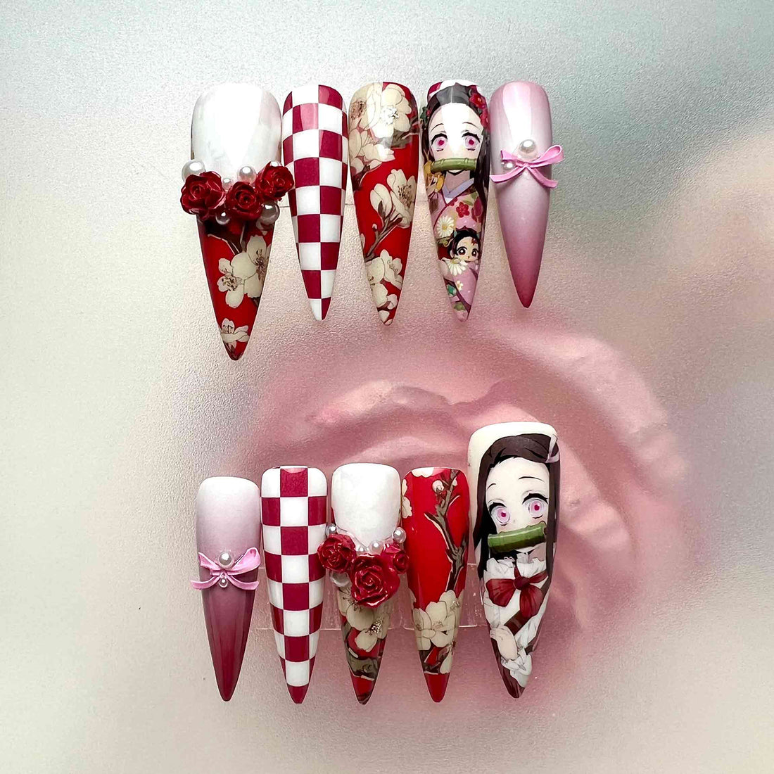 Demon Slayer KNY Nezuko Kamado Press-On Nails | Floral Kimono &amp; Checkered Pattern Set | 3D Roses, Pearl &amp; Bow Charms | Dragonnail