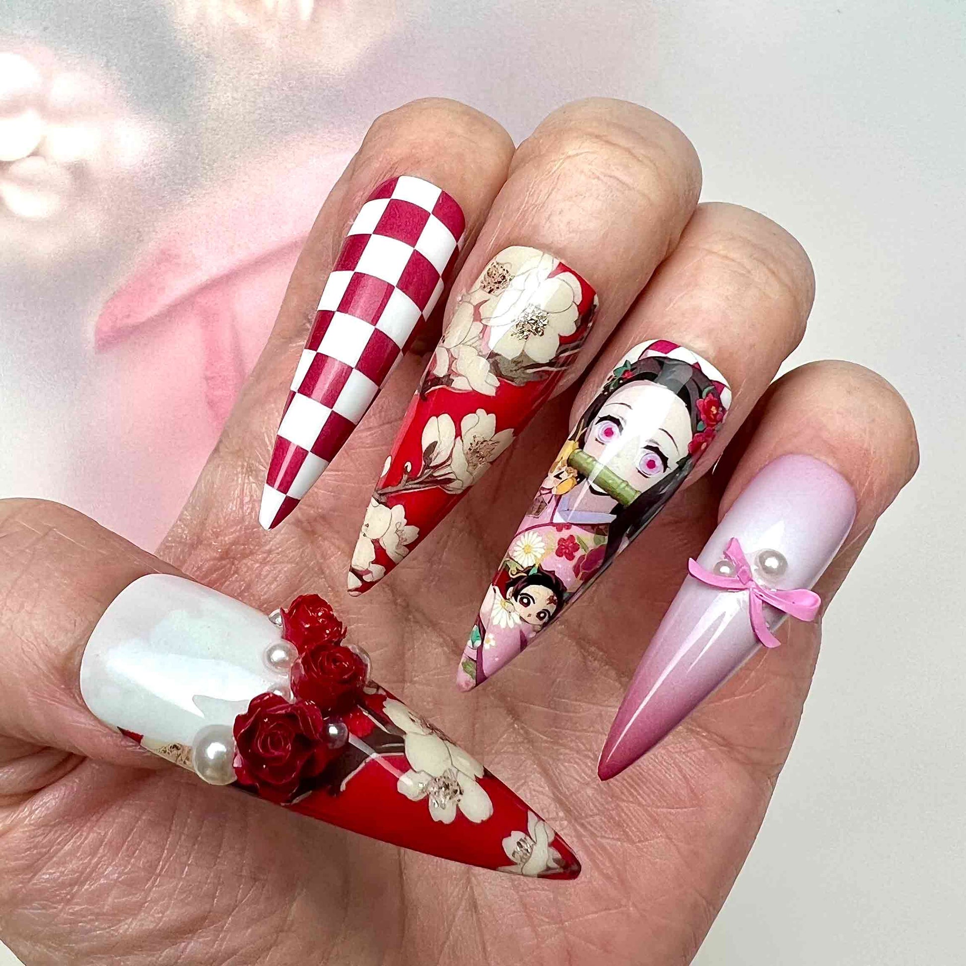 Demon Slayer KNY Nezuko Kamado Press-On Nails | Floral Kimono &amp; Checkered Pattern Set | 3D Roses, Pearl &amp; Bow Charms | Dragonnail