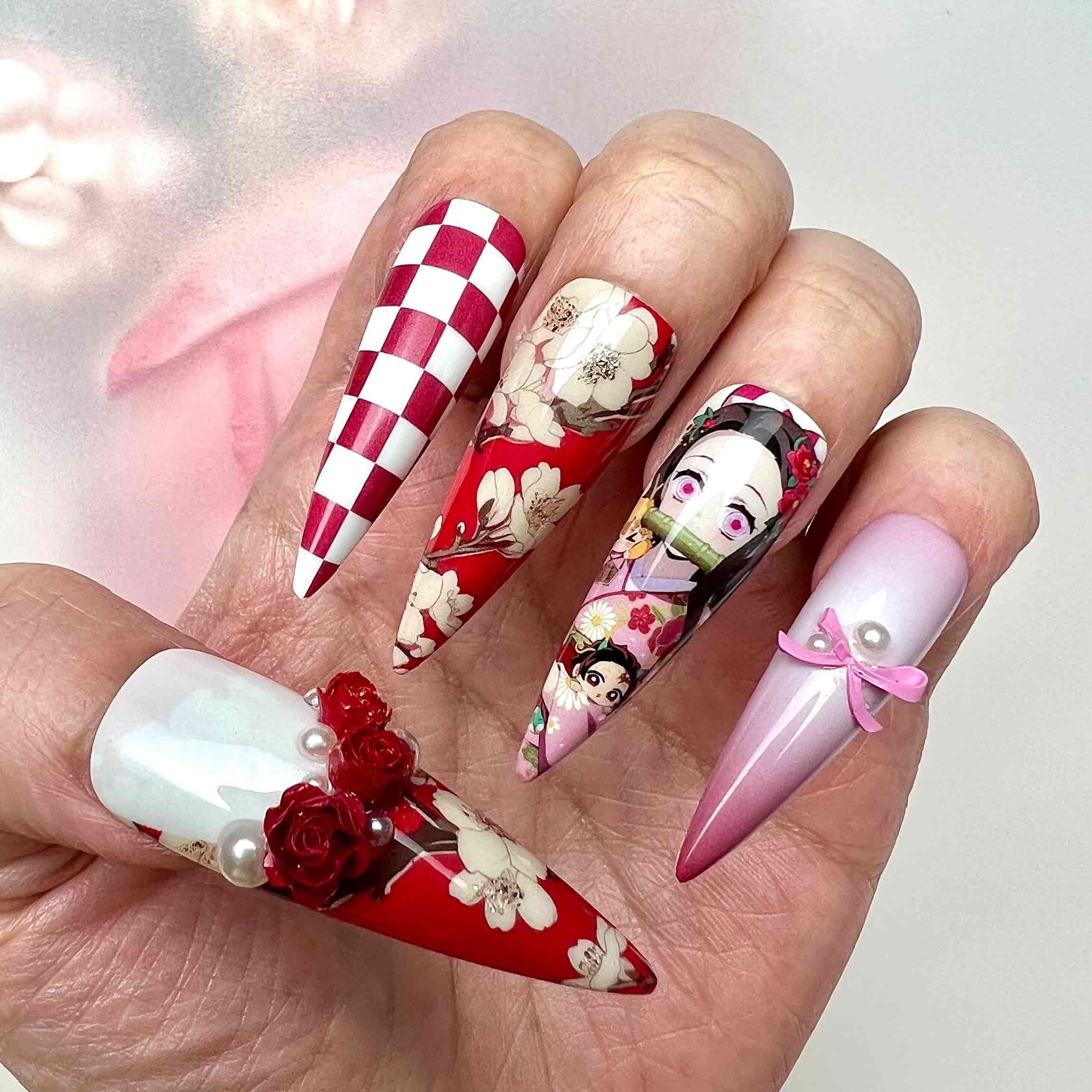 Demon Slayer KNY Nezuko Kamado Press-On Nails | Floral Kimono &amp; Checkered Pattern Set | 3D Roses, Pearl &amp; Bow Charms | Dragonnail