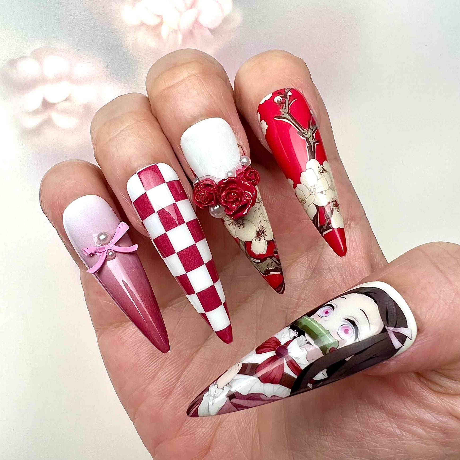 Demon Slayer KNY Nezuko Kamado Press-On Nails | Floral Kimono &amp; Checkered Pattern Set | 3D Roses, Pearl &amp; Bow Charms | Dragonnail