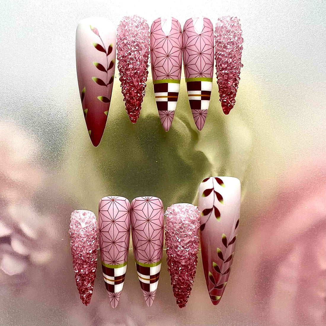 Nezuko Kamado Nails – Demon Slayer KNY Press-On Set, 3D Pink Crystal &amp; Asanoha Kimono Design | Dragonnail
