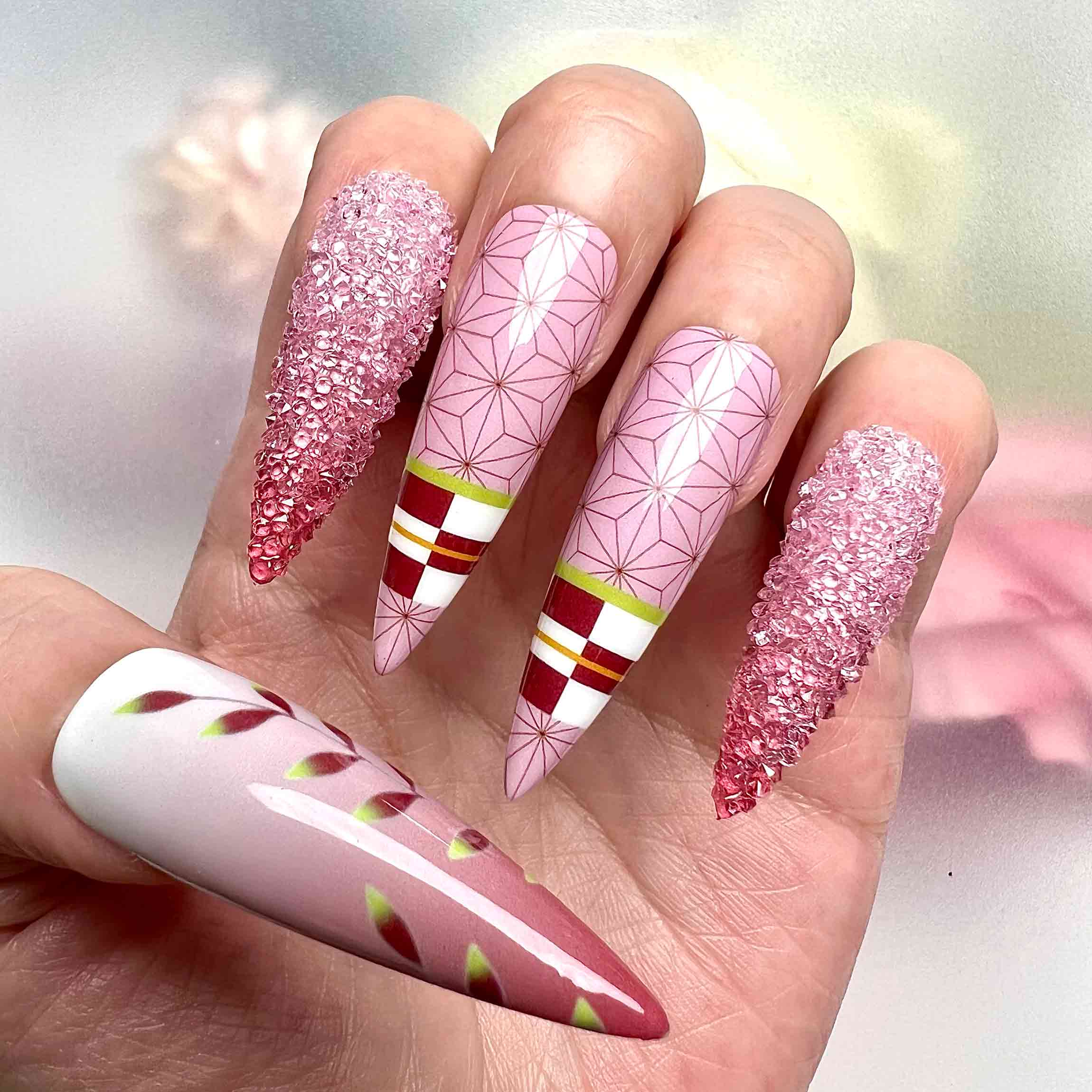 Nezuko Kamado Nails – Demon Slayer KNY Press-On Set, 3D Pink Crystal &amp; Asanoha Kimono Design | Dragonnail